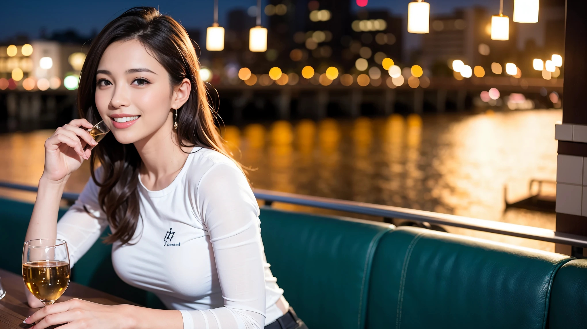 (including 64k, nffsw, highest quality, table top: 1.2), (realistic, photorealistic: 1.37),Spectacular sunset view、 long sleeve shirt、winter fashion、Columbia、Brazilian、Japanese、Dutch、German、Portuguese、Belgian、Italian、French,Champagne、sparkling wine、 (slimフェイス), (slimボティ), (brown hair), (shortcut), neat beauty、cheeks turn a little red, (35 years old), 38 years old, alone, 窓の外には美しく緻密なnight景が広がります., restaurant, wine glassが座っている, nightに, in a prominent place (from the Upper body) nova frog style, actress, model, Upper body, White wine, slim, wine glass, Super Clean night View, wine glass Put in the Middle, Happy smile, (smile: 1.15), beautiful and detailed eyes, Upper body, bust japan up, night, short, short, actress, model, Upper body, White wine, slim, wine glass, Super Clean night View, wine glass Put in the Middle, Happy smile,