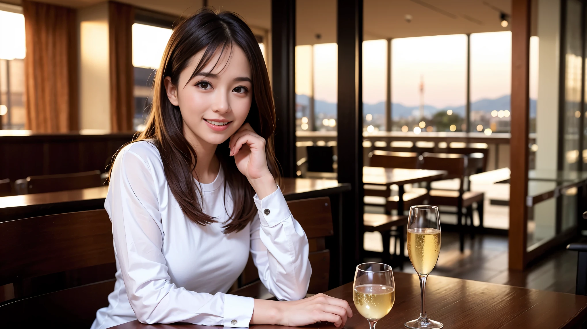 64k, Hmm, highest quality, masterpiece: 1.2), (realistic, photorealistic: 1.37), Spectacular sunset view、slimな美女3名, (slimフェイス),Happy、 最高なsmile、Fox face、Berry Short、(because I'thin), (brown hair), (shortcut), long sleeve shirt、winter fashion、Colombian、Brazilian、Japanese、Dutch、German、Portuguese、Belgian、Italian、French,Champagne、sparkling wine、 (gush), (slimボティ), (brown hair), (shortcut), neat beauty、cheeks turn a little red, (35 years old), 38 years old, alone, A beautiful and detailed night view spreads out outside the window..., restaurant, wine glassが座っている, At night, in a prominent place (from the Upper body) nova frog style, actress, model, Upper body, White wine, slim, wine glass, very beautiful night view, wine glass Put in the Middle, Happy smile, (smile: 1.15),