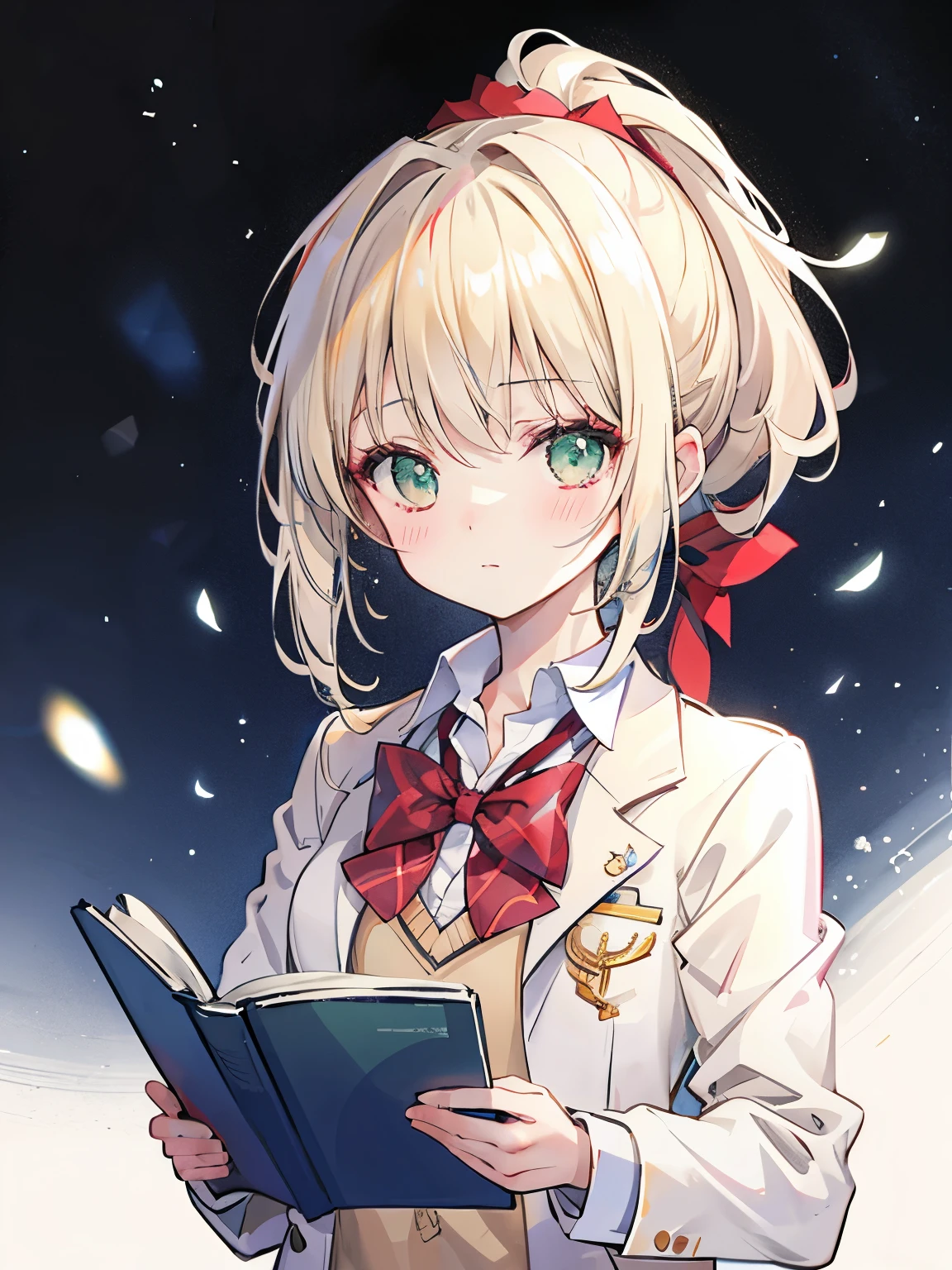 girl,blonde,straight-cut bangs,Hair tied in a low ponytail,straight hair,BREAK,green eyes,eye size:1.6,BREAK,White blazer with navy blue collar,school uniform,BREAK,red ribbon,holding textbooks and books,A wistful look,blush,I'm embarrassed and a little angry,upward glance