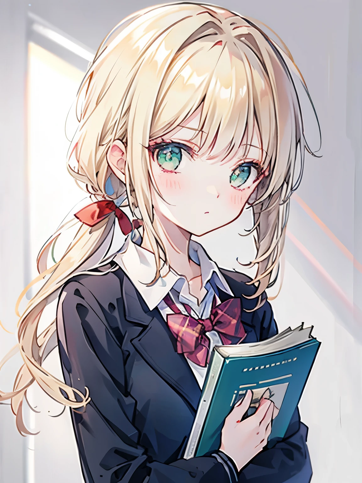 girl,blonde,straight-cut bangs,Hair tied in a low ponytail,straight hair,BREAK,green eyes,eye size:1.6,BREAK,White blazer with navy blue collar,school uniform,BREAK,red ribbon,holding textbooks and books,A wistful look,blush,I&#39;m embarrassed and a little angry,upward glance