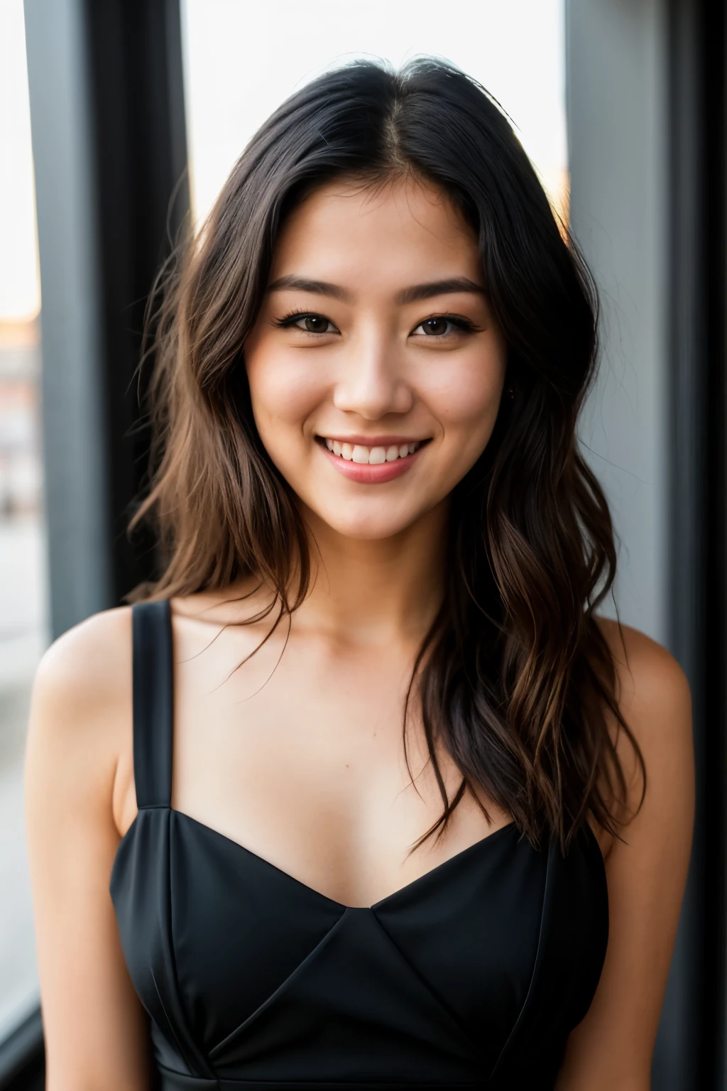 RAW photo, face portrait photo of beautiful 26 y.o woman, cute face, wearing black dress, happy face, hard shadows, cinematic shot, dramatic lighting