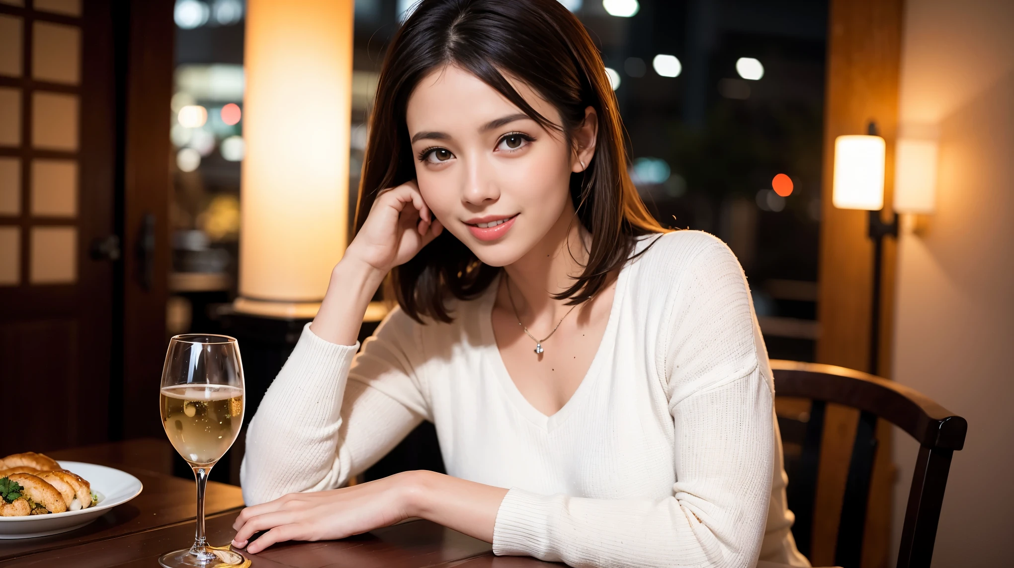 (including 64k, nffsw, highest quality, table top: 1.2), (realistic, photorealistic: 1.37), Spectacular sunset view、long sleeve shirt、winter fashion、Columbia、Brazilian、Japanese、Dutch、German、Portuguese、Belgian、Italian、French,Champagne、sparkling wine、 (slimフェイス), (slimボティ), (brown hair), (shortcut), neat beauty、cheeks turn a little red, (35 years old), 38 years old, alone, 窓の外には美しく緻密なnight景が広がります., restaurant, wine glassが座っている, nightに, in a prominent place (from the Upper body) nova frog style, actress, model, Upper body, White wine, slim, wine glass, Super Clean night View, wine glass Put in the Middle, Happy smile, (smile: 1.15), beautiful and detailed eyes, Upper body, bust japan up, night, short, short, actress, model, Upper body, White wine, slim, wine glass, Super Clean night View, wine glass Put in the Middle, Happy smile,