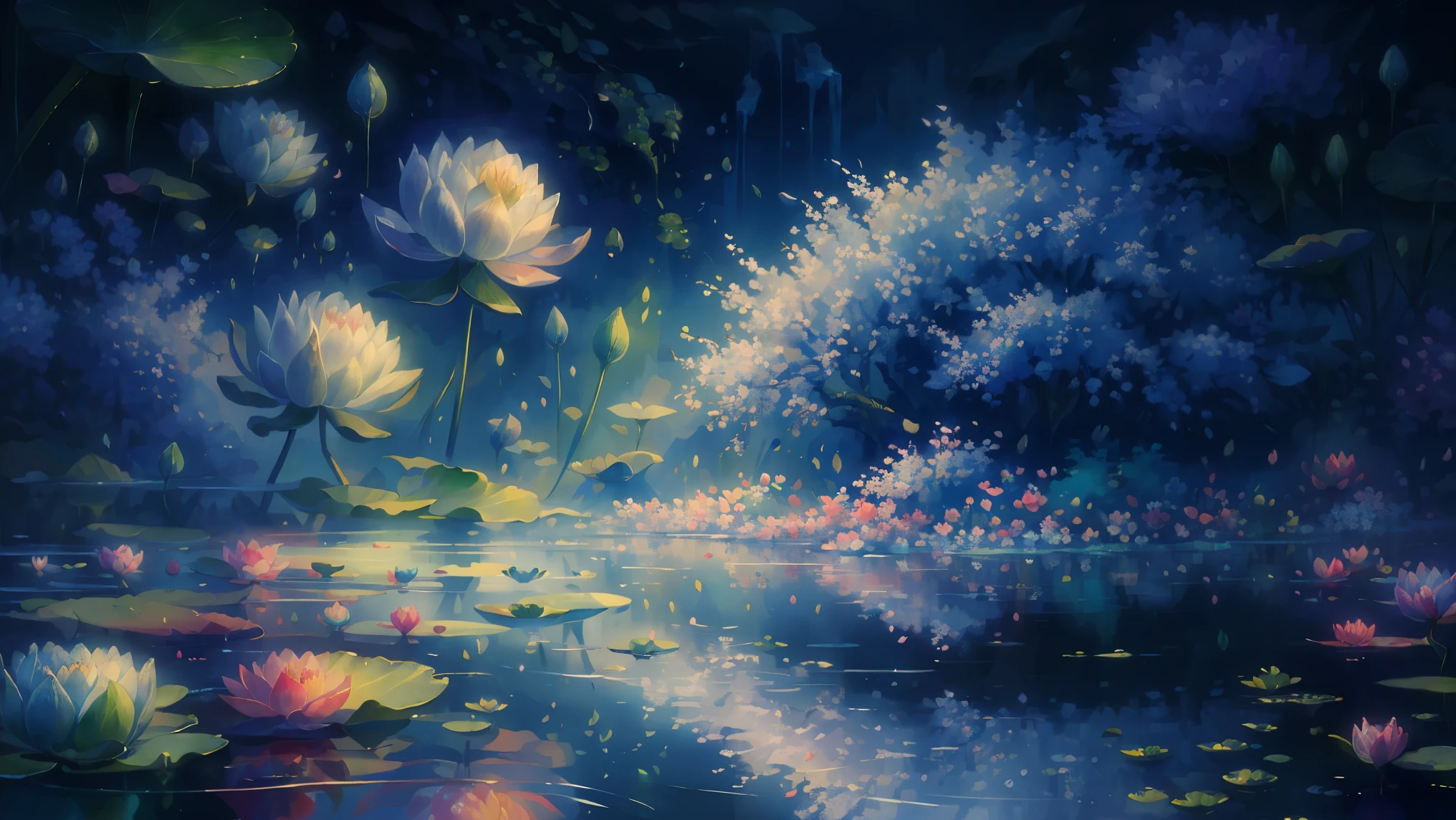 (best quality,4k,8k,highres,masterpiece:1.1), vibrant colors, water lily, delicate petal, serene landscape, realism, RGB lighting.