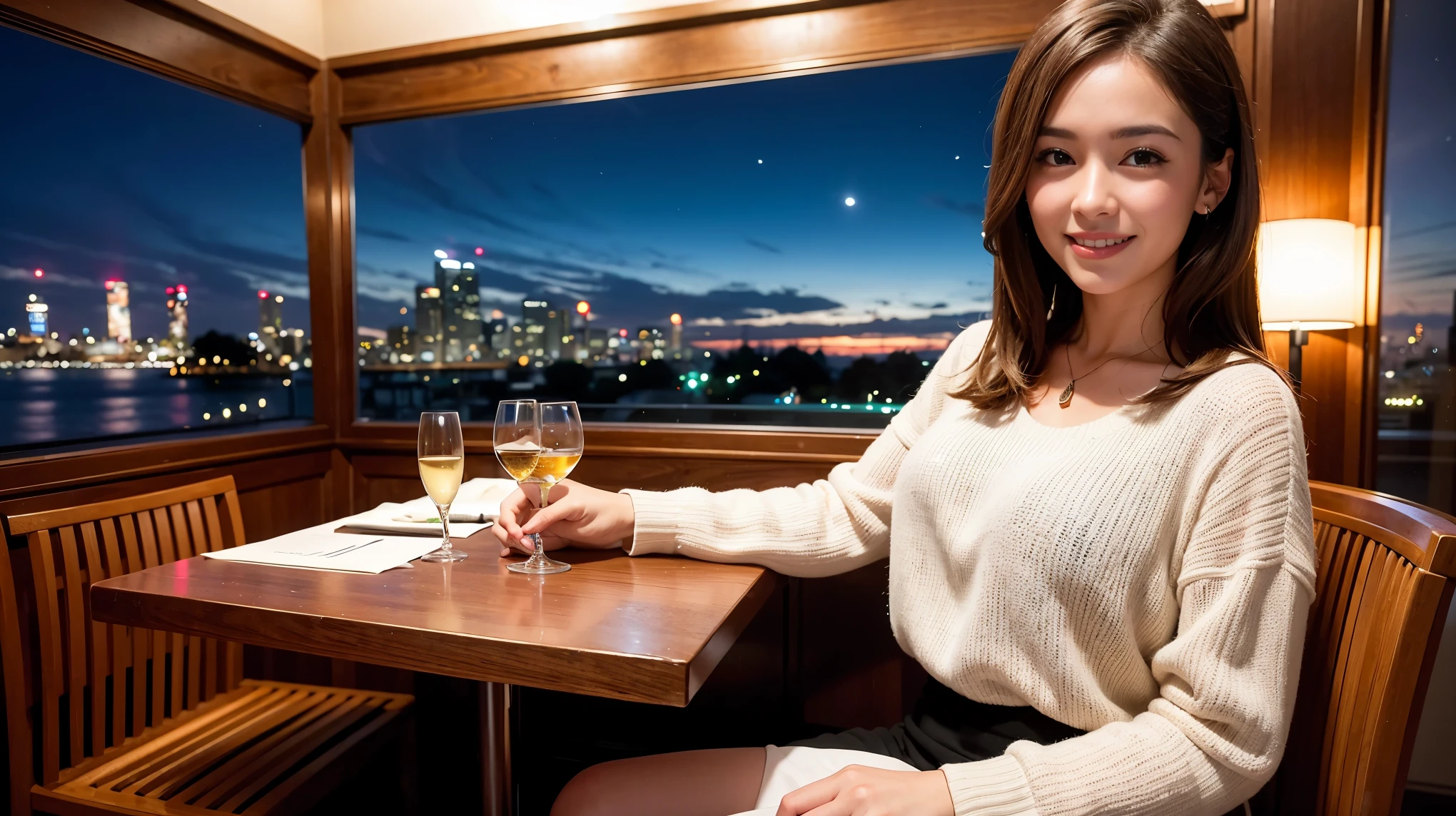 (including 64k, nffsw, highest quality, table top: 1.2), (realistic, photorealistic: 1.37), Spectacular sunset view、long sleeve shirt、winter fashion、Columbia、Brazilian、Japanese、Dutch、German、Portuguese、Belgian、Italian、French,Champagne、sparkling wine、 (slimフェイス), (slimボティ), (brown hair), (shortcut), neat beauty、cheeks turn a little red, (35 years old), 38 years old, alone, 窓の外には美しく緻密なnight景が広がります., restaurant, wine glassが座っている, nightに, in a prominent place (from the Upper body) nova frog style, actress, model, Upper body, White wine, slim, wine glass, Super Clean night View, wine glass Put in the Middle, Happy smile, (smile: 1.15), beautiful and detailed eyes, Upper body, bust japan up, night, short, short, actress, model, Upper body, White wine, slim, wine glass, Super Clean night View, wine glass Put in the Middle, Happy smile,