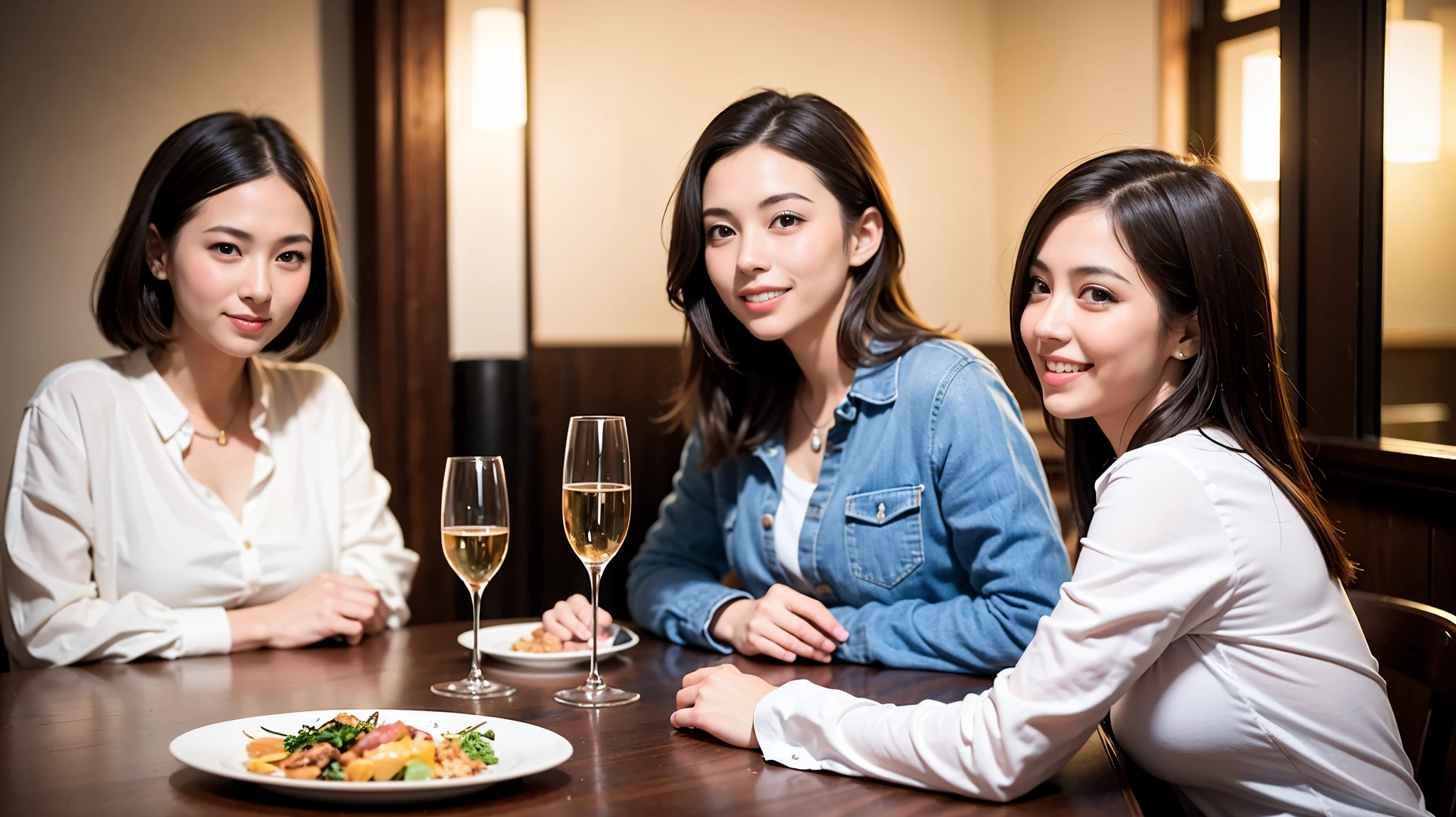 (including 64k, nffsw, highest quality, table top: 1.2), (realistic, photorealistic: 1.37), Spectacular sunset view、long sleeve shirt、winter fashion、Columbia、Brazilian、Japanese、Dutch、German、Portuguese、Belgian、Italian、French,Champagne、sparkling wine、 (slimフェイス), (slimボティ), (brown hair), (shortcut), neat beauty、cheeks turn a little red, (35 years old), 38 years old, alone, 窓の外には美しく緻密なnight景が広がります., restaurant, wine glassが座っている, nightに, in a prominent place (from the Upper body) nova frog style, actress, model, Upper body, White wine, slim, wine glass, Super Clean night View, wine glass Put in the Middle, Happy smile, (smile: 1.15), beautiful and detailed eyes, Upper body, bust japan up, night, short, short, actress, model, Upper body, White wine, slim, wine glass, Super Clean night View, wine glass Put in the Middle, Happy smile,