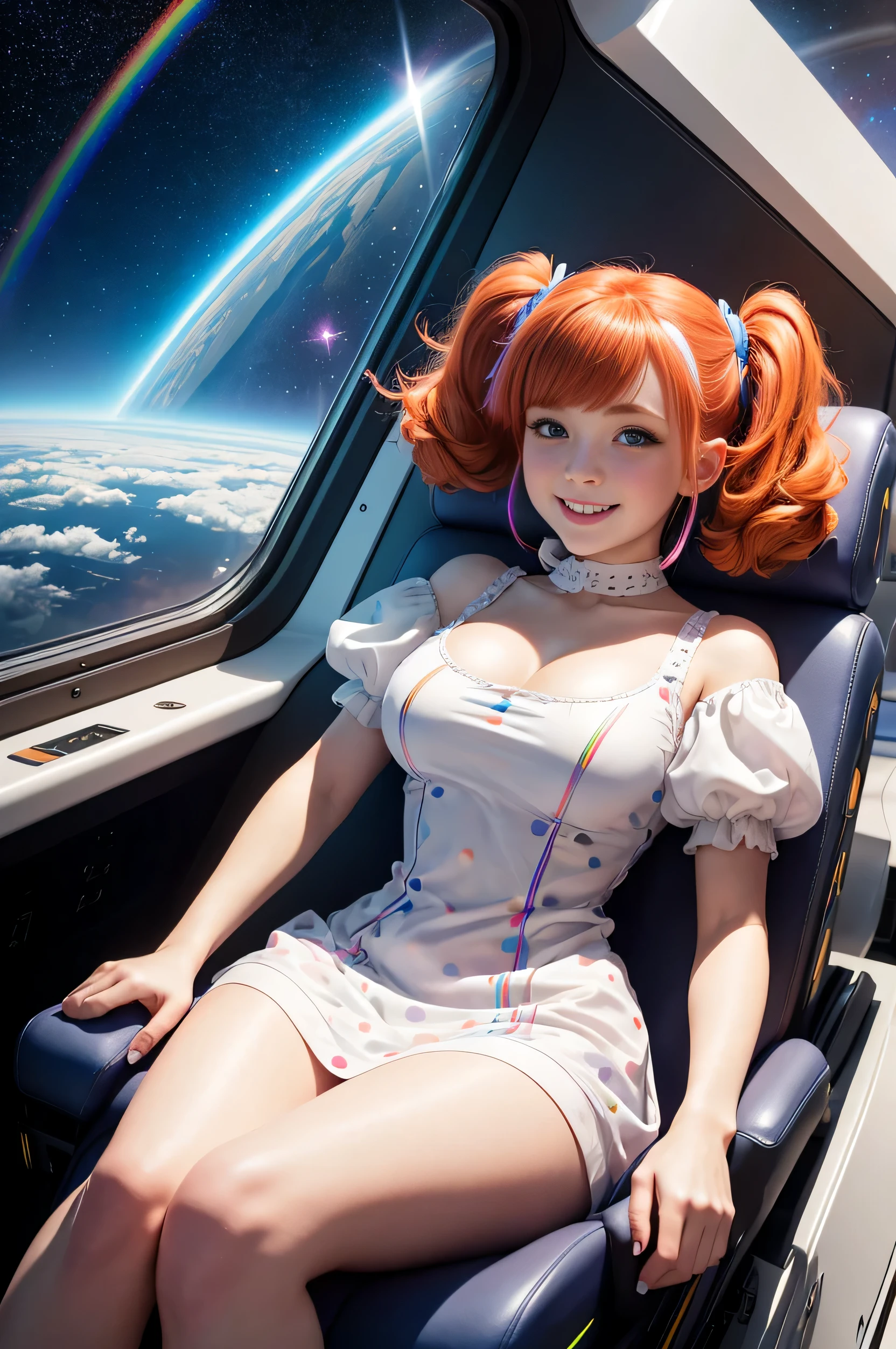 Best Quality, Masterpiece, 8k, RAW (overhead view) Cute redhead with rainbow colored hair tips, ribbons in her hair, 18-year-old woman, happy, excited expression, smiling, in twin tails, perfect eyes, clear sparkling blue eyes, pale skin, silky smooth white skin, alabaster skin, flying a fancy metal luxurious space ship, futuristic cockpit, she's a pilot laying in her chair, outer space seen in windows, dark warm lighting, wearing a futuristic party dress, low cut top, pleated (chemise) mini dress (pastel rainbow colors, and polka dots), puffy sleeves, silk, pantyhose, cute short cut booties, boots.