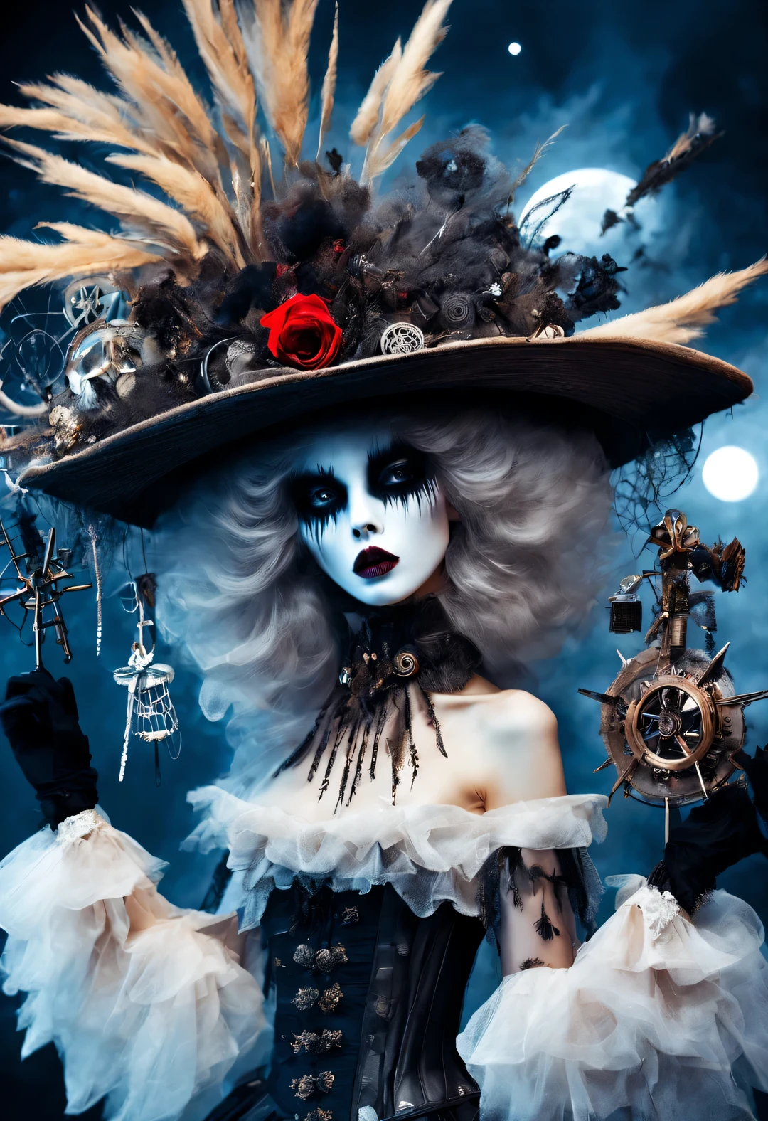Gothic style fashion show scene,fashion design,Gorgeous model,waste plastic,antenna,Oversized old straw hat,gear,Decadence scent,Mysterious and gloomy tones,But in fact, it also expresses the yearning for a better life。Weird people are also beautiful,dark and eerie, But also romantic。A breath that expresses longing and struggle..,blue,Red,Black,White vampire weirdo,血光飞溅 dark and eerie, But also romantic。Edward Scissorhands,Dances with wolves,Moonlight night