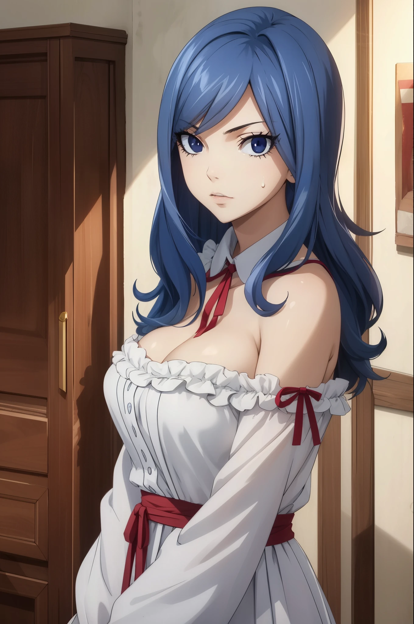 tall body, tall, long legs, mature female, mature, adult, EFT_Juvia, 1girl, solo, blue hair, breasts, sweatdrop, cleavage, long hair, bare shoulders, large breasts, blue eyes, upper body, looking at viewer,elegant colours