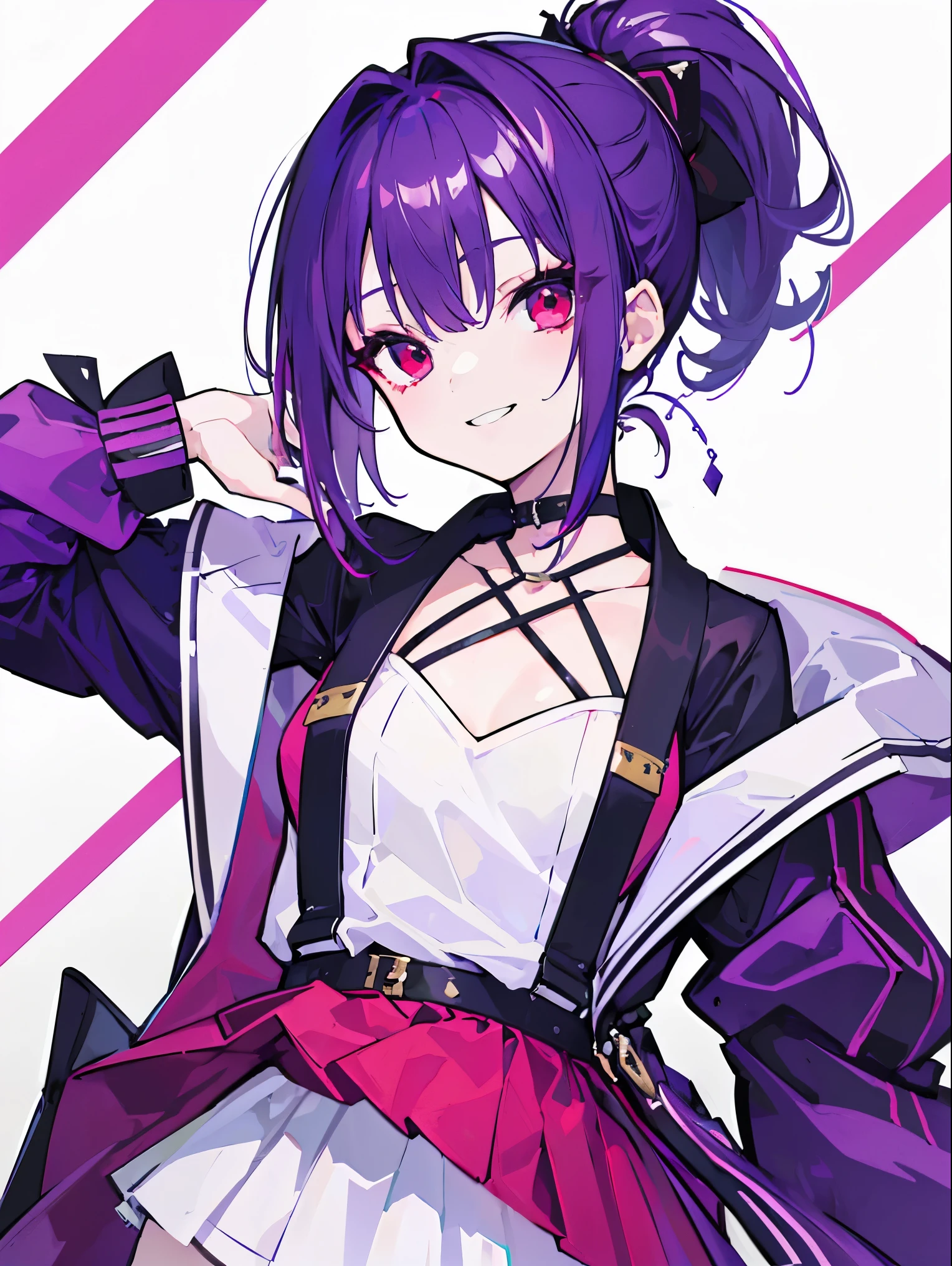 (highest quality、masterpiece:1.2) (((1 girl))) flat chest ((Punk costumes)) short hair、red eyes、purple hair (sunglasses) (vulgar smile) Jacket、ponytail、white shirt