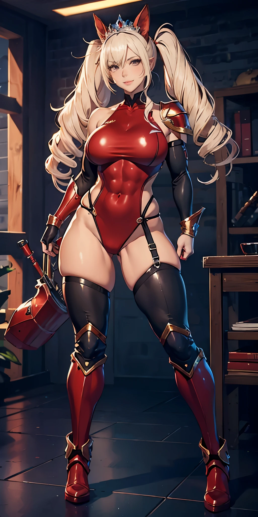 full body, def_effie, RED breastplate, RED skin, looking at viewer, shiny,armor, thighhighs, high boots,shoulder armor, faulds, poleyn, gloves, gauntlets, Rerebrace armored boots, pauldrons,(masterpiece, best quality, ultra-detailed, best shadow) yordle (1girl)( RED skin:1.2) pointy ears muscular lean platinum blonde long twin-tails hairstyle at the office lustful smirking smile face red blushed, blush, strong abs, female body builder, tiara, twin drills hair