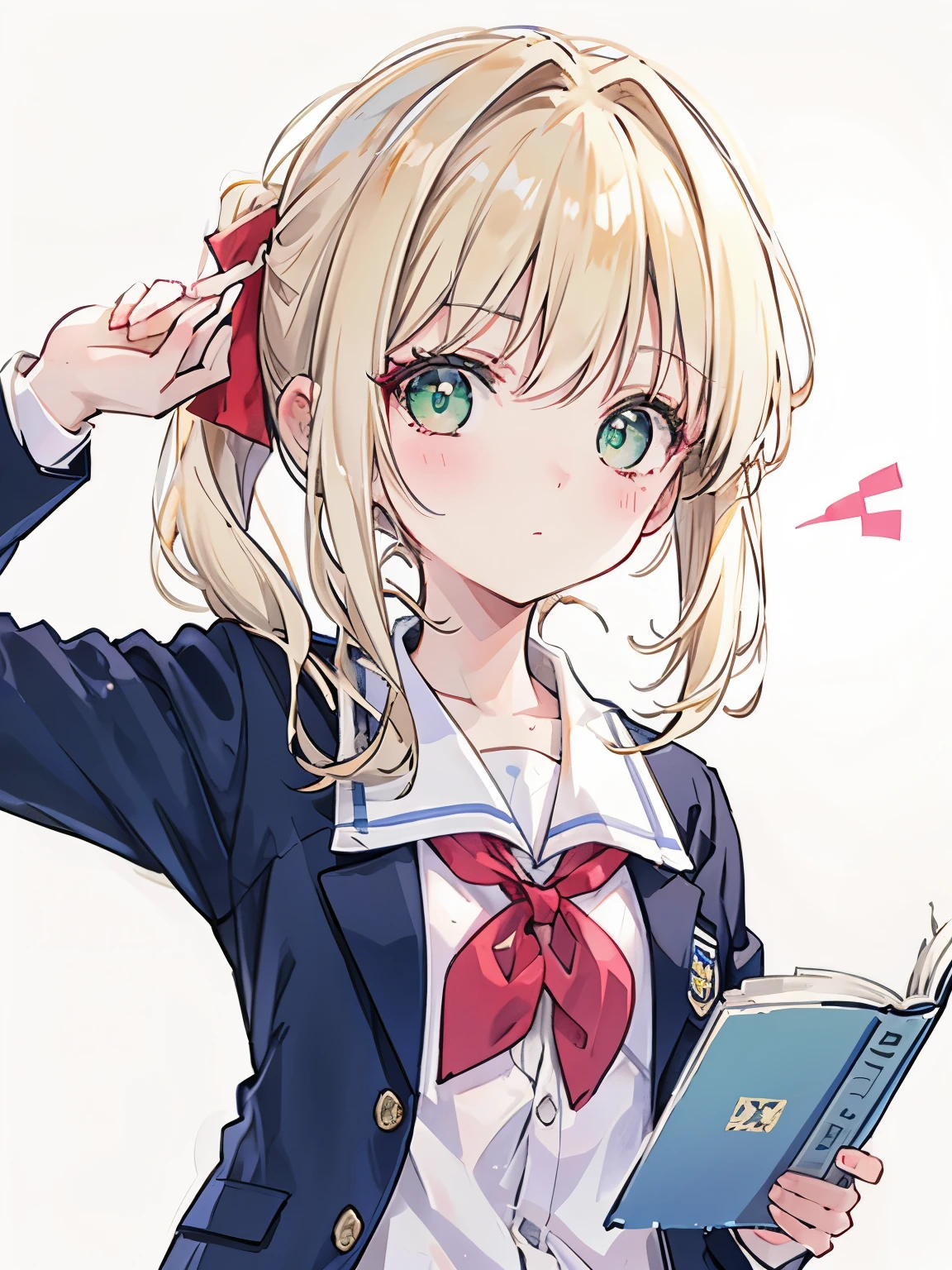 girl,blonde,straight-cut bangs,Hair tied in a low ponytail,straight hair,BREAK,green eyes,eye size:1.6,BREAK,White blazer with navy blue collar,school uniform,BREAK,red ribbon,holding textbooks and books,A wistful look,blush,I'm embarrassed and a little angry,upward glance,( around 10 years old)