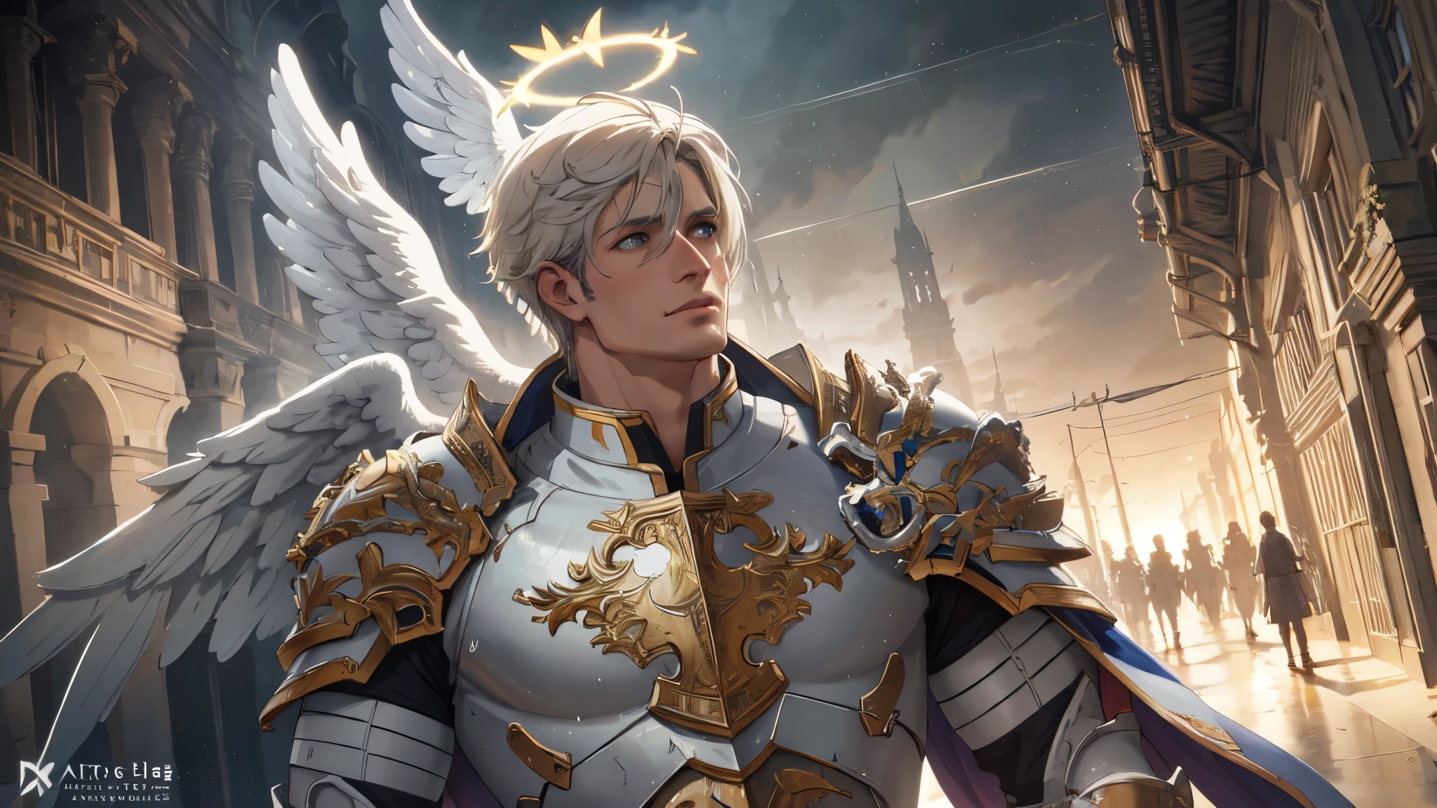 The Horde of Male Celestial Angels Descending from the Sky, crowd, male, many warriors, shiny armor, angel wings, halo, realistic epic, soft cinematic portrait, Adobe Lightroom, Photo Lab, highly detailed, faded, (neutral colors: 1.2), (HDR: 1.4), (soft colors:1.2), hyperdetailed, (Artstation:1.4), cinematic, warm lights, dramatic light, (intricate details:1.1), complex background, (Rutkowski:0.66), (blue and orange:0.4)