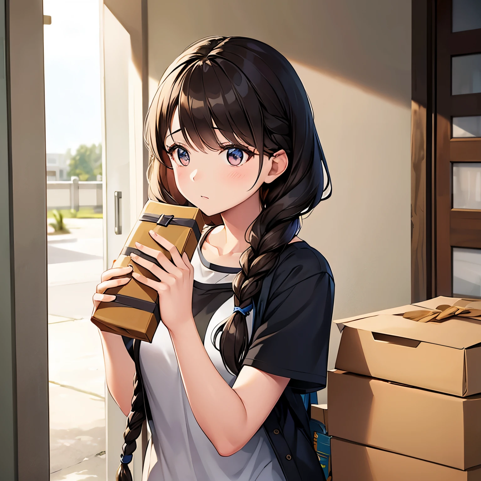 Beautiful brunette girl wearing casual clothes holding a package, flowing and braided hair, inquisitive expression