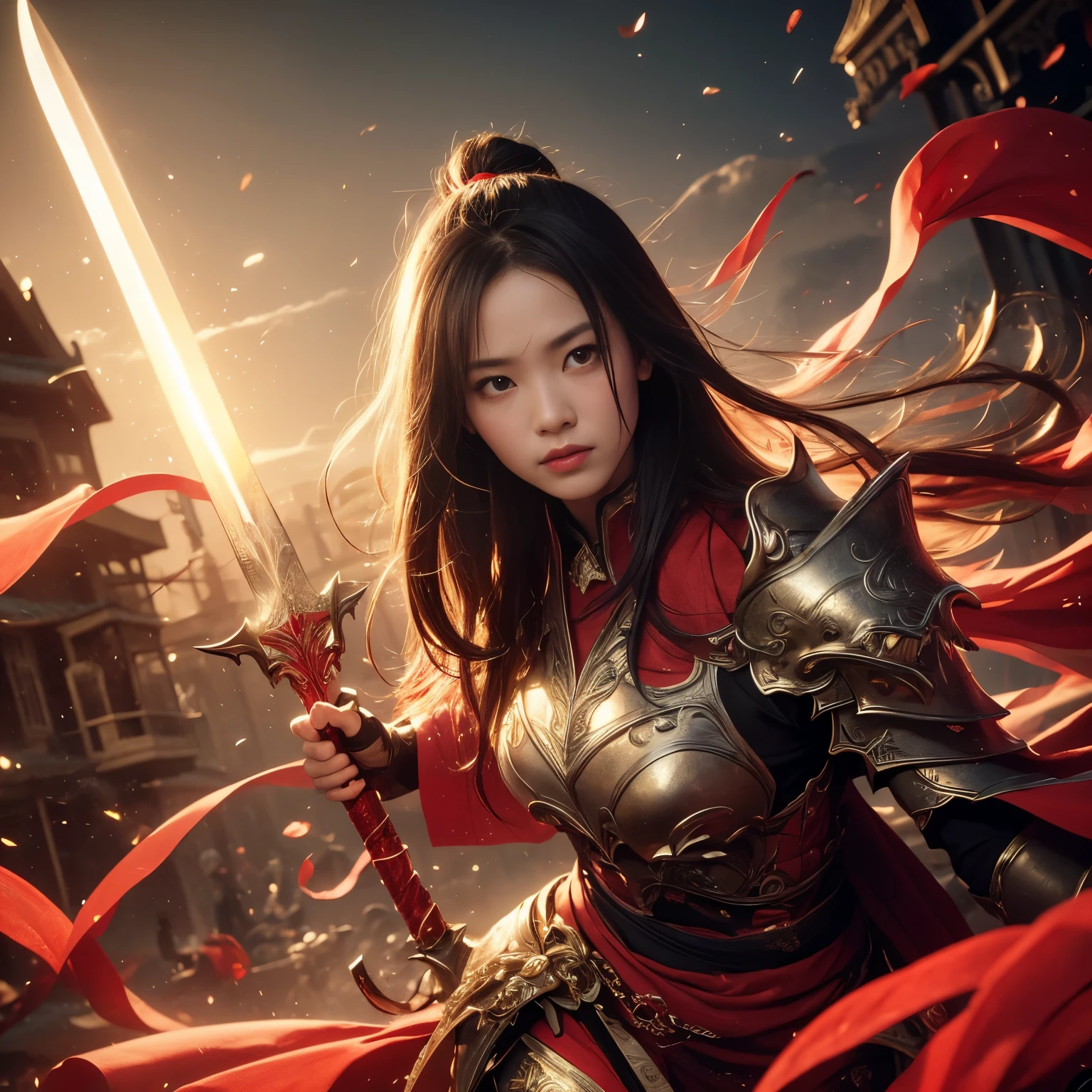 (((Realistic, masterpiece, best quality, crisp detail, high definition, high detail, sharp focus, perfect studio lightning))), 17 years old chinese girl, wearing heavy golden armor, chinese style armor, full body armor, full decorated armor, long straight hair, ideal body, big breast, dirty, sweating, bloodstained face, blood scattered armor, bloodbath, carnage, showing long blood scattered sword, an epic war, fire everywhere, smoke everywhere, blood everywhere, death everywhere, sorrounded by enemies, japan edo period, brutal war background, war path, war zone, battle ground