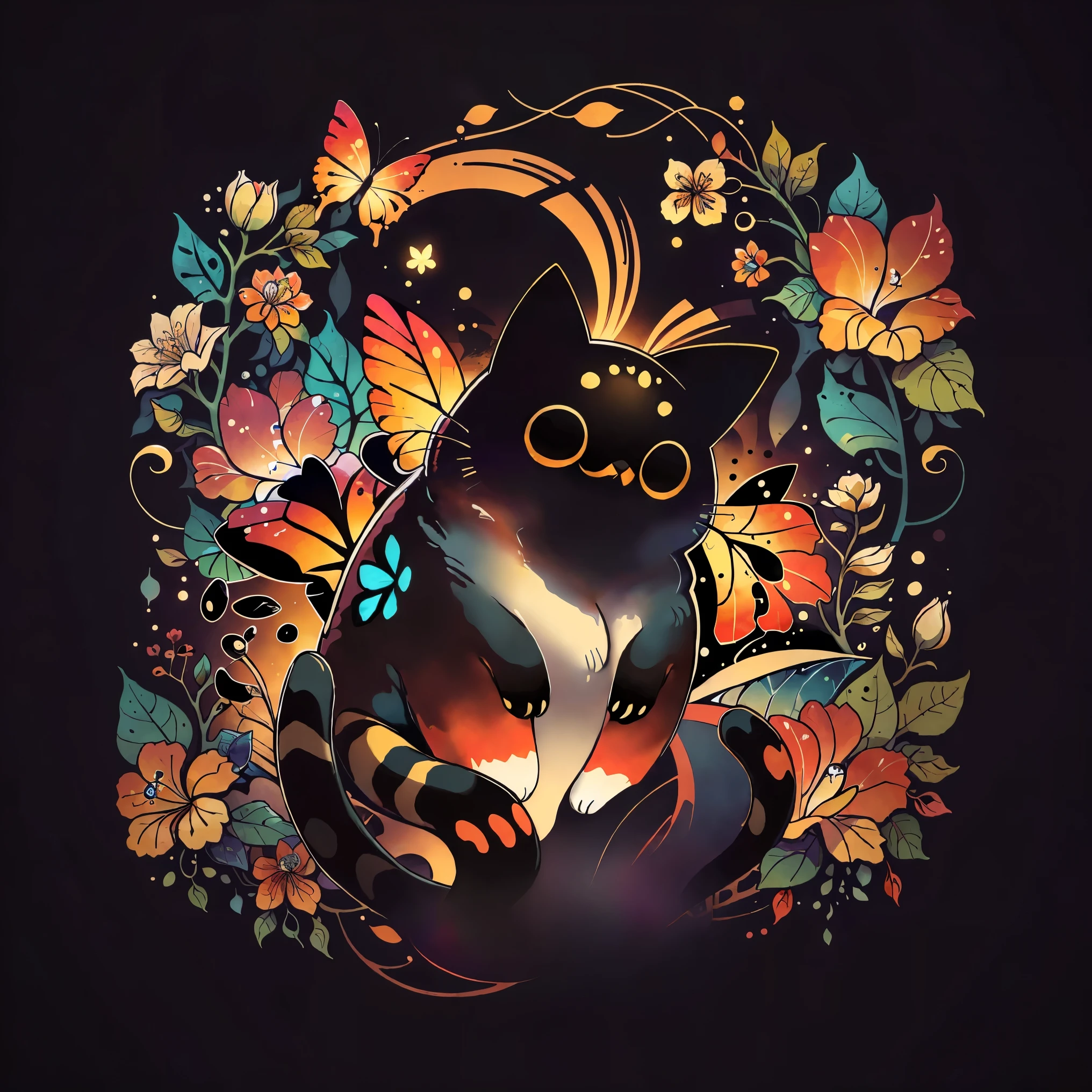 cute 00d, butterfly, flower, cat, {deep black background}