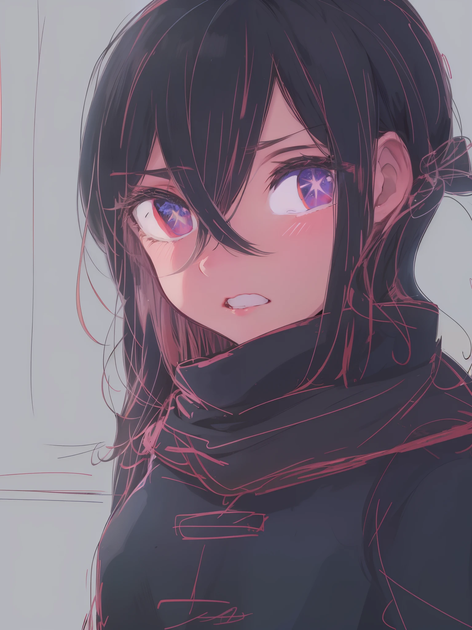 painting of a girl with long hair and a scarf, thick line drawing, beautiful anime outline, thick black line drawing, perfect line drawing, line sketch!!, clean line drawing, anime sketch, line sketch, 太いline drawing, line drawing, simple line drawing, thick outline, anime shading), 強烈なline drawing, she looks distant, thick outline