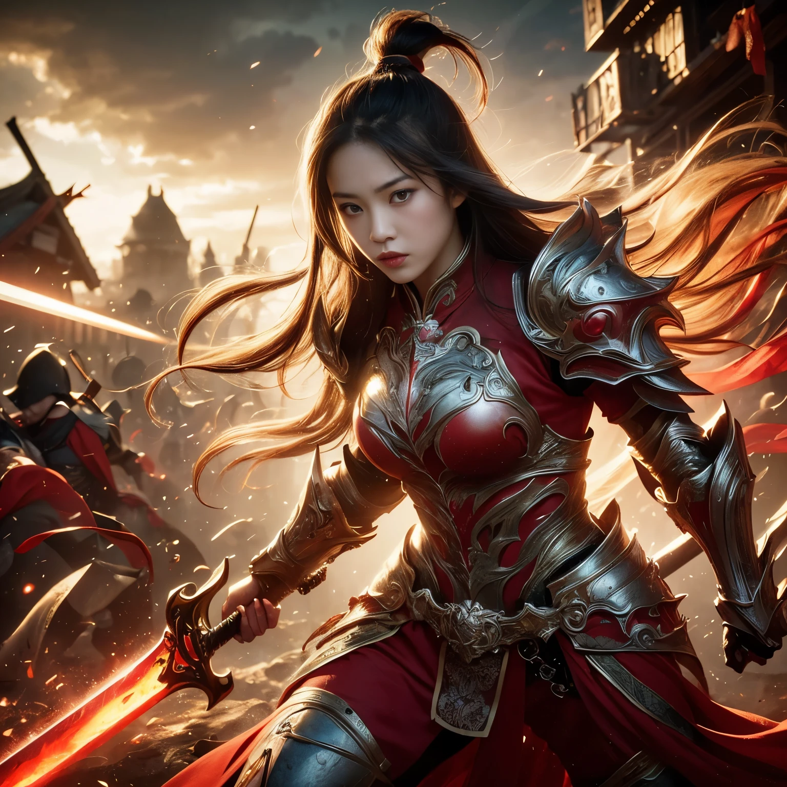 (((Realistic, masterpiece, best quality, crisp detail, high definition, high detail, sharp focus, perfect studio lightning))), 17 years old chinese girl, wearing heavy golden armor, chinese style armor, full body armor, full decorated armor, long straight hair, ideal body, big breast, dirty, sweating, bloodstained face, blood scattered armor, bloodbath, carnage, showing long blood scattered sword, an epic war, fire everywhere, smoke everywhere, blood everywhere, death everywhere, sorrounded by enemies, japan edo period, brutal war background, war path, war zone, battle ground