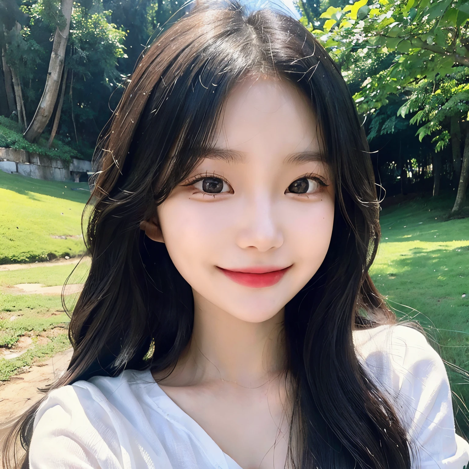 innocent young woman。charming。intellectual。smile。(highest quality)), ((masterpiece)), (be familiar with), perfect face、long hair、wavy hair、double eyelid、round face、white skin、smile、valley、big breasts、