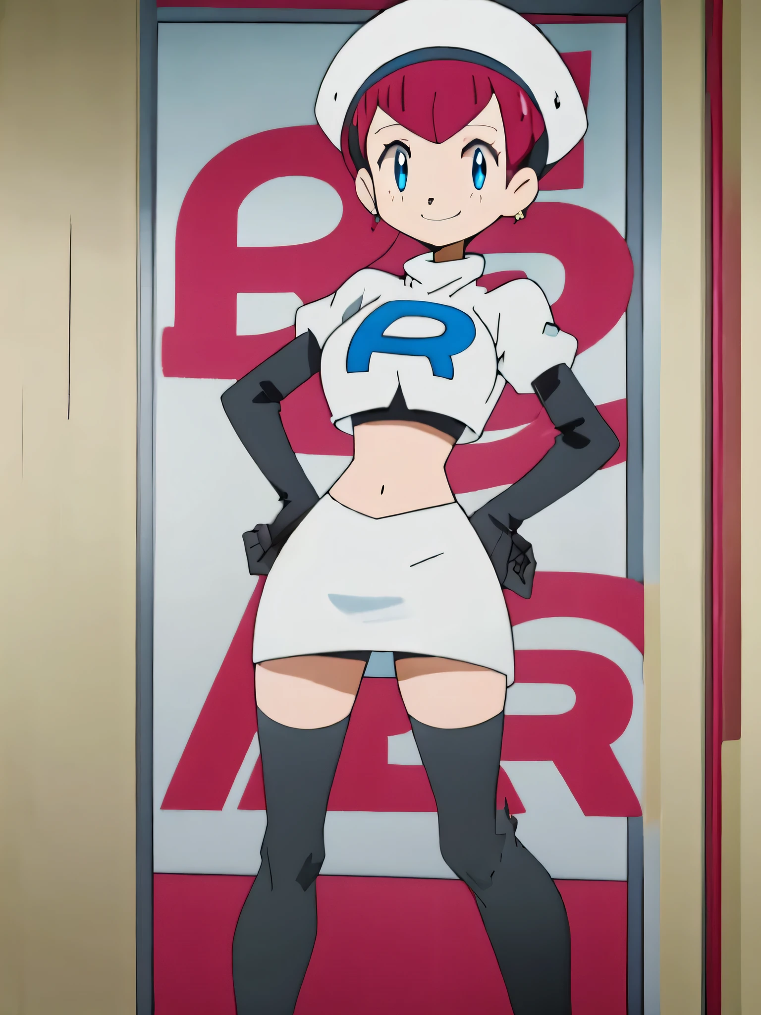 8k,1girl in, (solo:1.1), (perfect body:1.1), (best quality:1.1), very large breast, team rocket, team rocket uniform, red letter r, white skirt,white crop top,black thigh-high boots, black elbow gloves, smiling, looking down at viewer, hands on hips,zettai ryouiki,cowboy shot