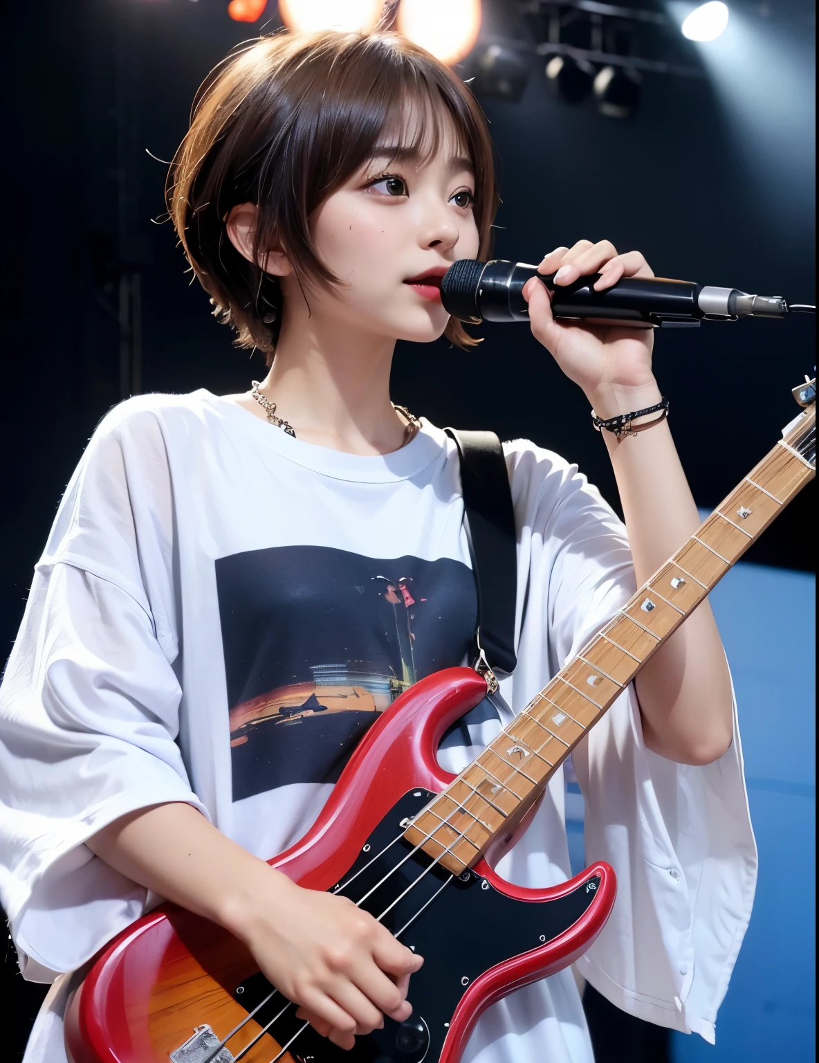 ((highest quality))、(masterpiece:1.4)、Raw photo、8K、((best image quality))、 ((High resolution))、Beautiful face in every detail、detailed face、(one woman:1.3 )、realistic、Photoreal、(very short hair:1.4)、(play the bass guitar:1.3)、(on stage:1.3)、((perform at a live concert))、stand microphone、Wristband、bracelet、((young woman admires her))、(live music)、(concert)、she has many fans、rock band、(Beautiful woman)、(cute japanese girl)、(boyish:1.3)、(mannish)、((Beautiful woman))、(beautiful hair)、((dark brown hair))、(((red cheeks)))、(Big eyes:1.3)、20 year old beauty、(her face is small:1.5 )、small head、((long neck))、white skin、spotless skin、With bangs、everyone admires、日本のBeautiful woman、((8 heads tall))、(necklace)、(music festival:1.4)、singer、(concert t-shirt)、smile、(oversized clothes:1.3)、happy look、(young people admire her:1.4)