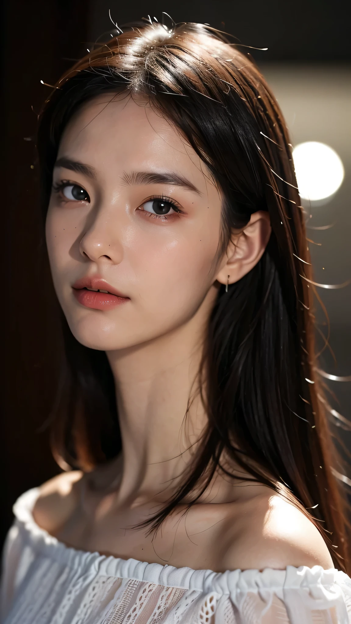 dressed, (photo realistic:1.4), (hyper realistic:1.4), (realistic:1.3), (smoother lighting:1.05), (Improve the quality of movie lighting:0.9), 32K, 1 girl,20 year old girl, realistic lighting, Backlight, light shines on your face, ray tracing, (bright light:1.2), (Improvement of quality:1.4), (Highest quality realistic textured skin:1.4), fine eyes, detailed face, high quality eyes, (tired, sleepy and satisfied:0.0), close up of face,black off shoulder clothes, (Enhances the mood of your body line:1.1), (Enhances the beauty of skin texture:1.1)