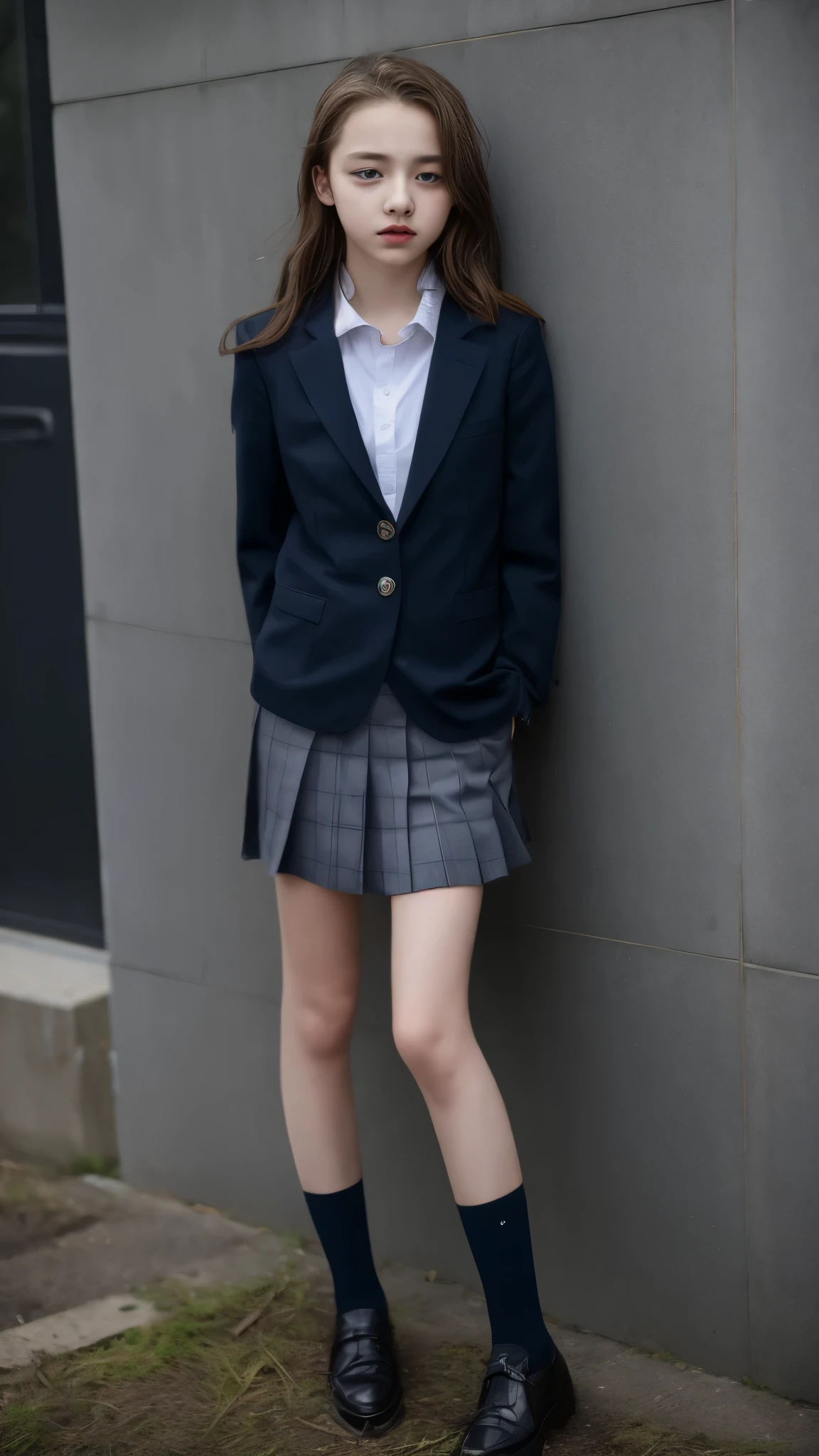 Beautiful 13 year old German teenager, school uniform, zombie girl, white eyes, peeing