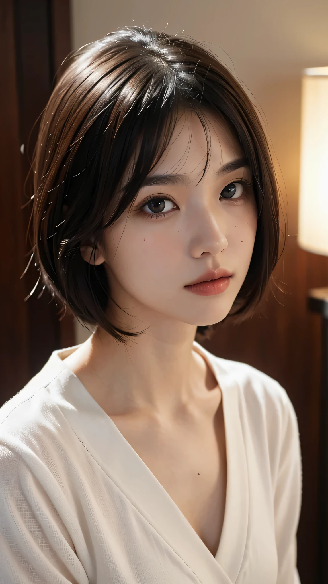 masterpiece, 1 beautiful girl, fine eyes, puffy eyes, highest quality, 超High resolution, (reality: 1.4),1 girl, cinematic lighting, Japan, asian beauty, super beautiful, beautiful skin, body facing forward, (超reality的な), (High resolution), (8k), (very detailed), (Best Illustration), (beautifully fine eyes), (Super detailed) , detailed face, looking at the viewer, look straight ahead, neat clothes, sleeveless, short hair, black hair, 46 point diagonal bangs, A room based on white, Neat atmosphere,
