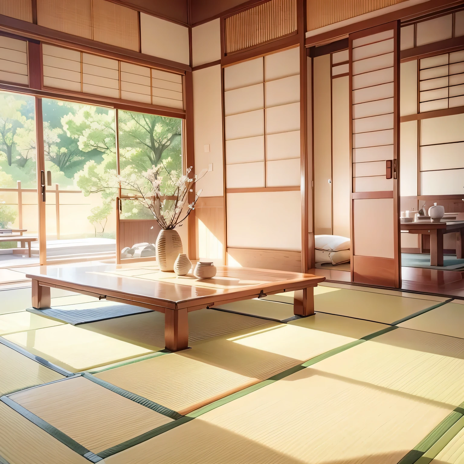 Please draw a Japanese fan in a watercolor style..。The floor is tatami.、There is a low table in the center of the room。Bright sunlight illuminates the room