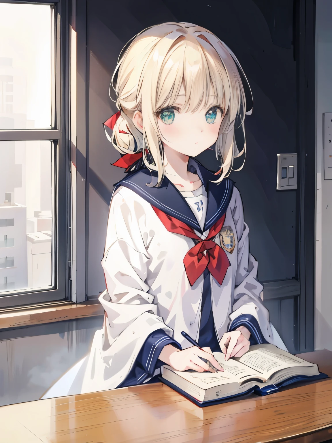 girl,blonde,straight-cut bangs,Hair tied in a low ponytail,straight hair,BREAK,green eyes,eye size:1.6,BREAK,White blazer with navy blue collar,(A wizard&#39;s robe that looks like a school uniform),BREAK,red ribbon,holding textbooks and books,A wistful look,blush,I&#39;m embarrassed and a little angry,upward glance,( around 10 years old)