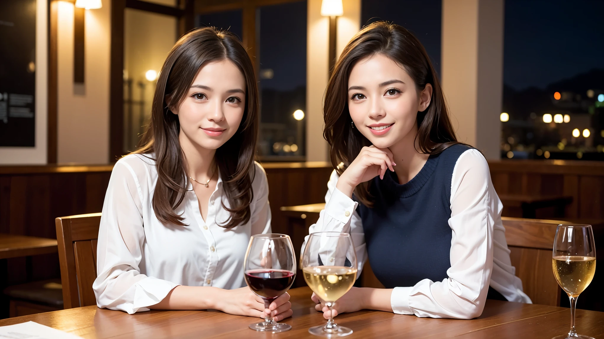 (including 64k, nffsw, highest quality, table top: 1.2), (realistic, photorealistic: 1.37), Spectacular sunset view、long sleeve shirt、winter fashion、Columbia、Brazilian、Japanese、Dutch、German、Portuguese、Belgian、Italian、French,Champagne、sparkling wine、 (slimフェイス), (slimボティ), (brown hair), (shortcut), neat beauty、cheeks turn a little red, (35 years old), 38 years old, alone, 窓の外には美しく緻密なnight景が広がります., restaurant, wine glassが座っている, nightに, in a prominent place (from the Upper body) nova frog style, actress, model, Upper body, White wine, slim, wine glass, Super Clean night View, wine glass Put in the Middle, Happy smile, (smile: 1.15), beautiful and detailed eyes, Upper body, bust japan up, night, short, short, actress, model, Upper body, White wine, slim, wine glass, Super Clean night View, wine glass Put in the Middle, Happy smile,