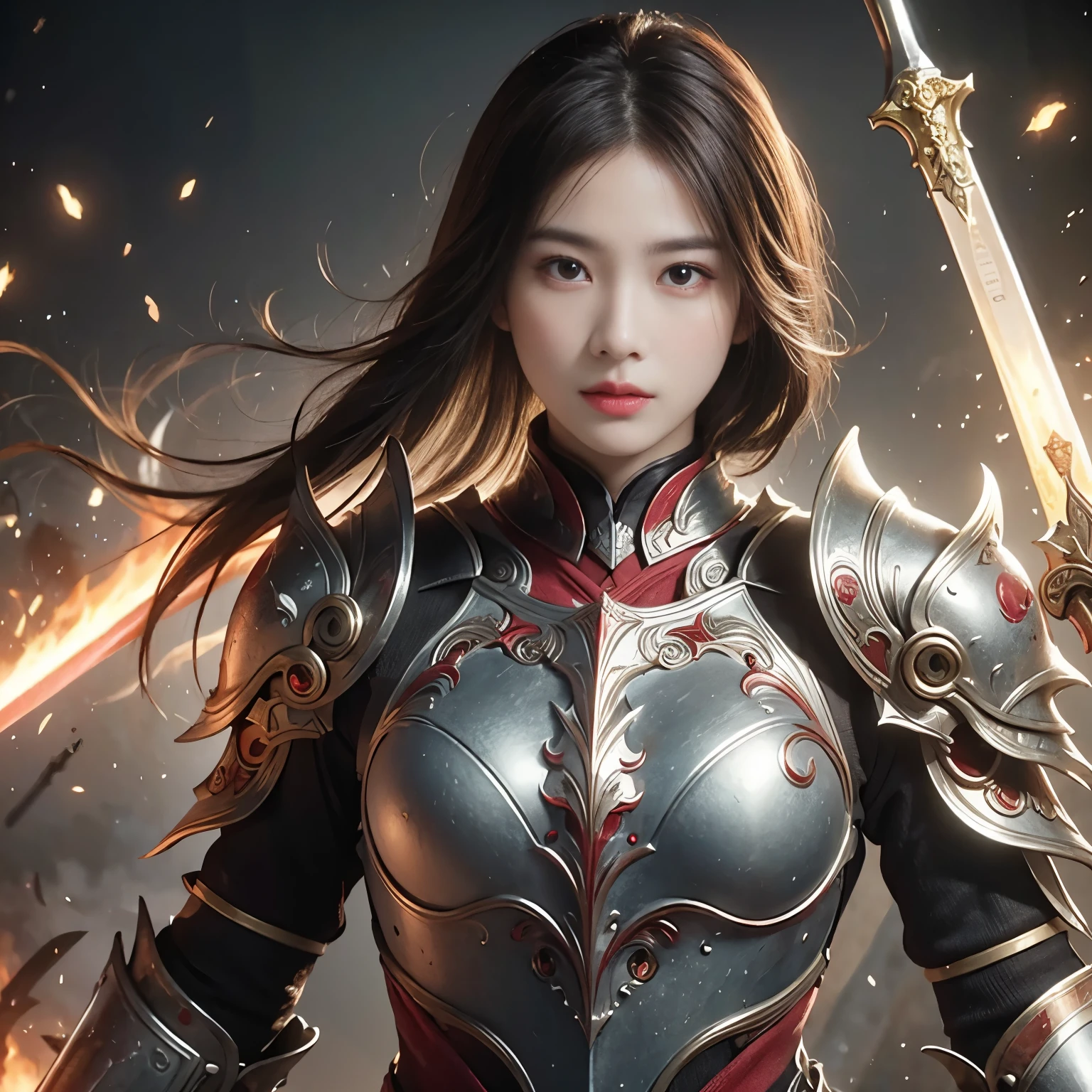 (((Realistic, masterpiece, best quality, crisp detail, high definition, high detail, sharp focus, perfect studio lightning))), 17 years old chinese girl, wearing heavy golden armor, chinese style armor, full body armor, full decorated armor, long straight hair, ideal body, big breast, dirty, sweating, bloodstained face, blood scattered armor, bloodbath, carnage, showing long blood scattered sword, an epic war, fire everywhere, smoke everywhere, blood everywhere, death everywhere, sorrounded by enemies, japan edo period, brutal war background, war path, war zone, battle ground