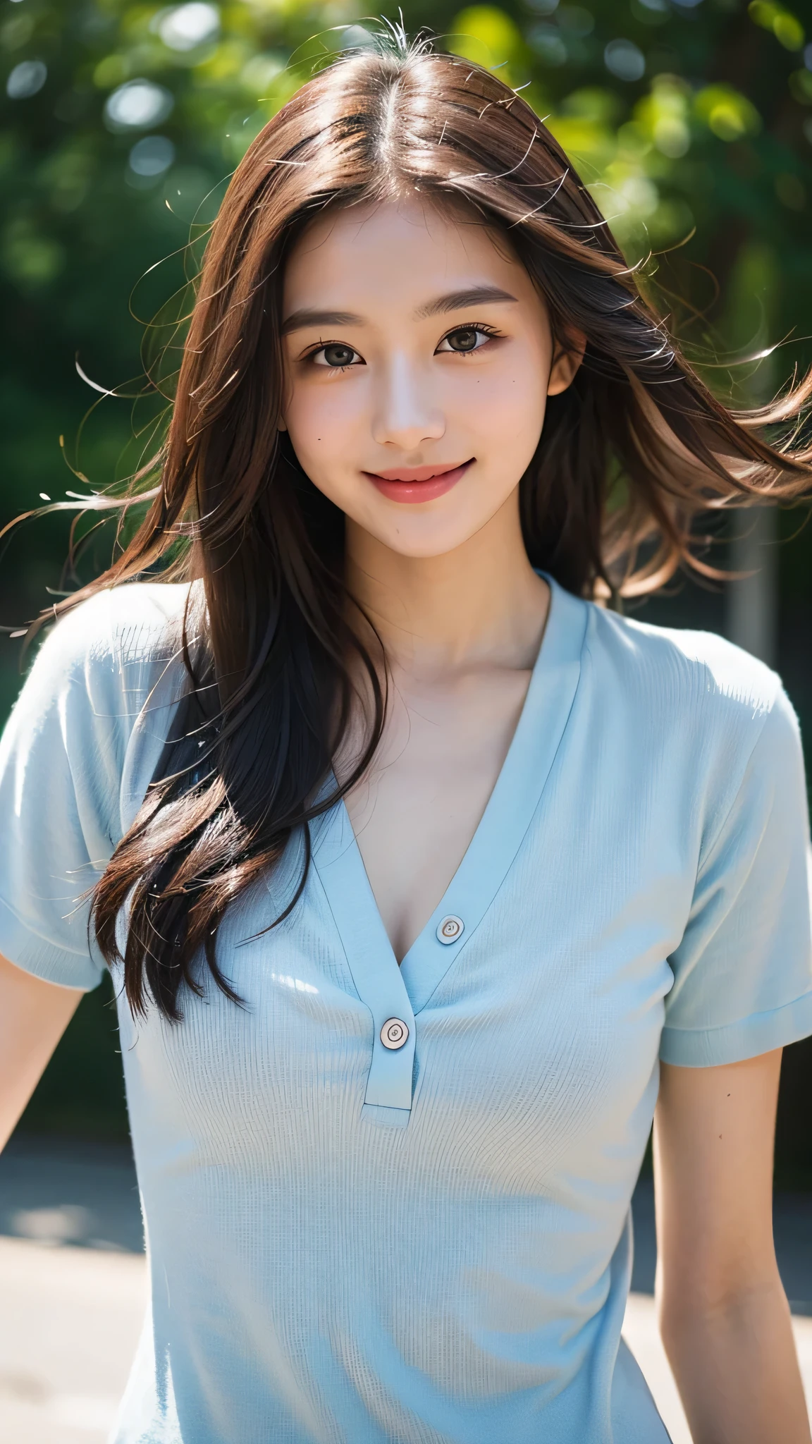 ((best image quality、RAW shooting、masterpiece:1.3))、(casual hairstyles、super detail large、hair swaying in the wind):1.3)、super detailed face、delicate eyes、double eyelid、(innocent smile:1.4)、soft chest、smile gently、(E cup girl、23 years old, Looks 19 years old)、simple background、(Eye color is random:1.3)、(running:1.3)、high quality photos