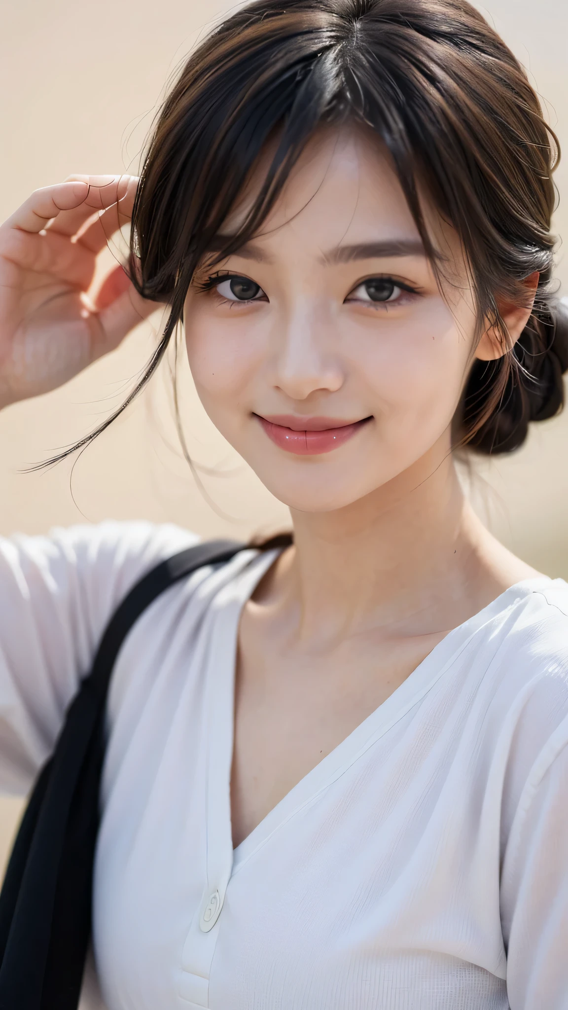 ((best image quality、RAW shooting、masterpiece:1.3))、(casual hairstyles、super detail large、hair swaying in the wind):1.3)、super detailed face、delicate eyes、double eyelid、(innocent smile:1.4)、soft chest、smile gently、(E cup girl、23 years old, Looks 19 years old)、simple background、(Eye color is random:1.3)、(running:1.3)、high quality photos