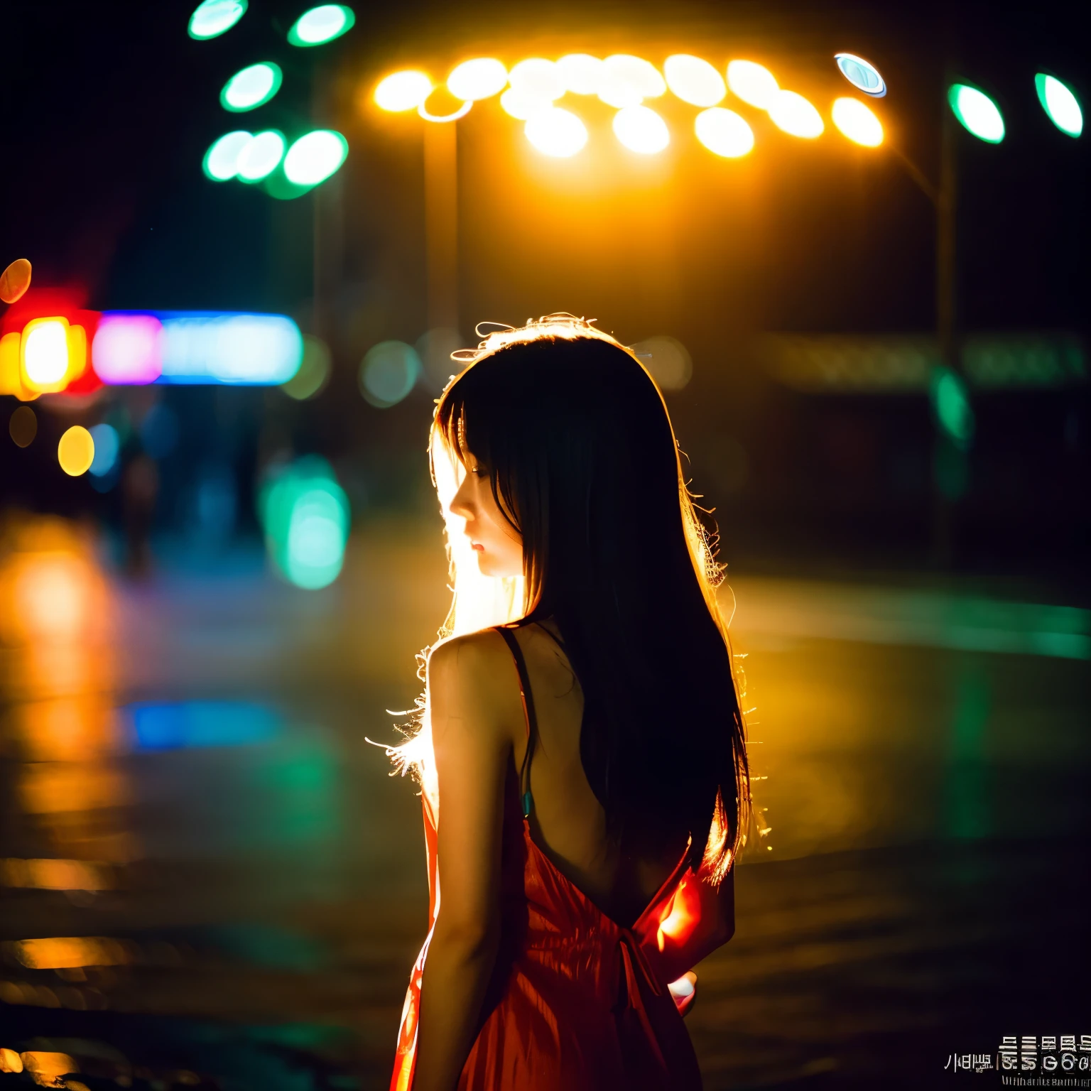 1女of子,alone,long hair,rough skin,From the back,顔of焦点,(looking at the viewer:1.2),wet hair,dark,polaroid,(depth_of_field:1.5),雨of日,outdoor,street,目of間of毛,moody lighting,Tyndall effect,映画ofような照明,night,street lamppost,Lens flare,Available light,rim light,Glowing neon lights,winding,Completely naked,韓国of女of子,