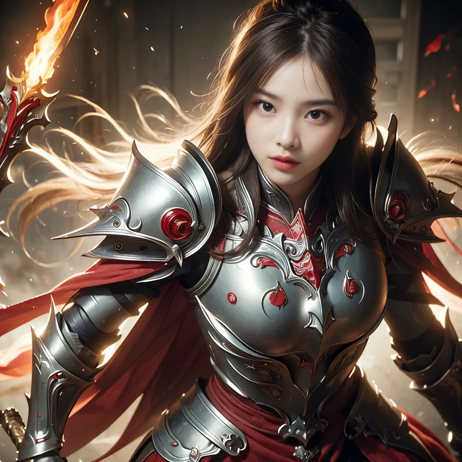 (((Realistic, masterpiece, best quality, crisp detail, high definition, high detail, sharp focus, perfect studio lightning))), 17 years old chinese girl, wearing heavy golden armor, chinese style armor, full body armor, full decorated armor, long straight hair, ideal body, big breast, dirty, sweating, bloodstained face, blood scattered armor, bloodbath, carnage, showing long blood scattered sword, an epic war, fire everywhere, smoke everywhere, blood everywhere, death everywhere, sorrounded by enemies, japan edo period, brutal war background, war path, war zone, battle ground