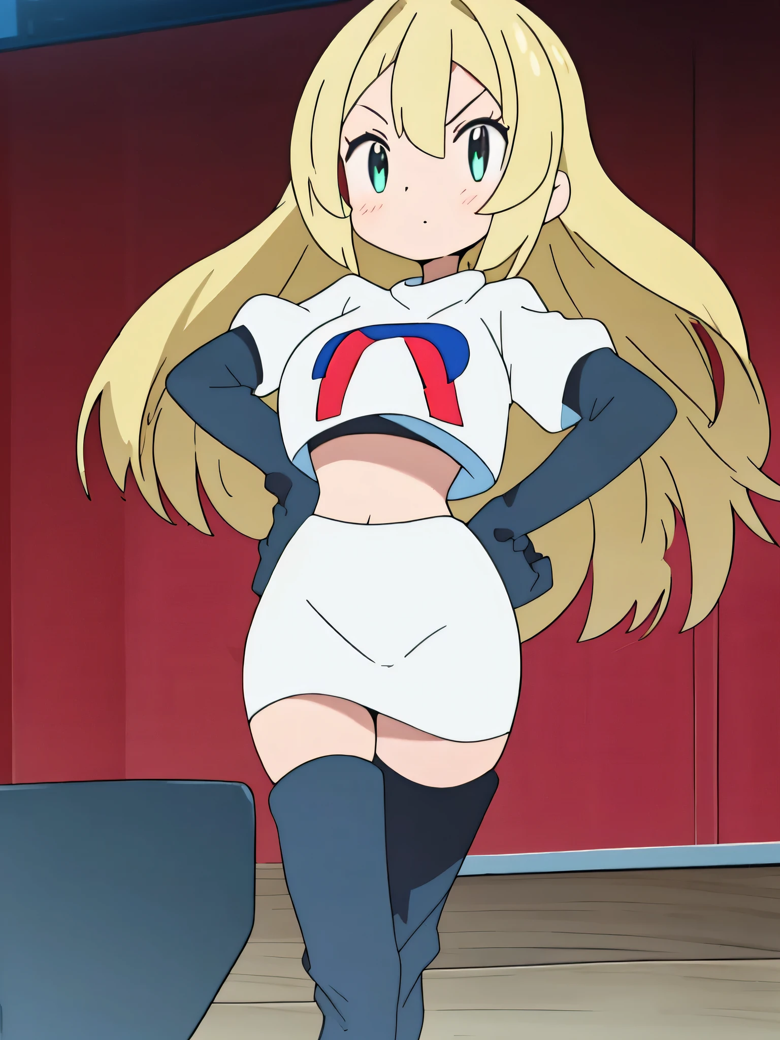 1girl in, (Solo:1.2), (Perfect body:1.1), (Best Quality:1.1), , very large breast, hands on hip,team rocket uniform, red letter r, white skirt,white crop top,black thigh-high boots, black elbow gloves, glaring angrily, looking at viewer, hands on hips, full body seen
