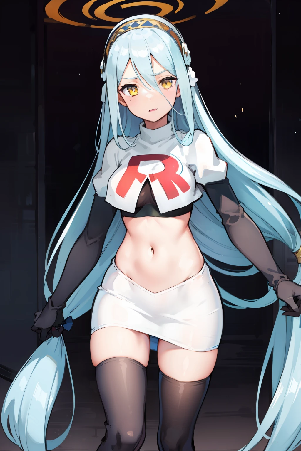 def_azura, yellow eyes ,1girl,team rocket,team rocket uniform, red letter R, white skirt,white crop top,black thigh-highs ,black elbow gloves,