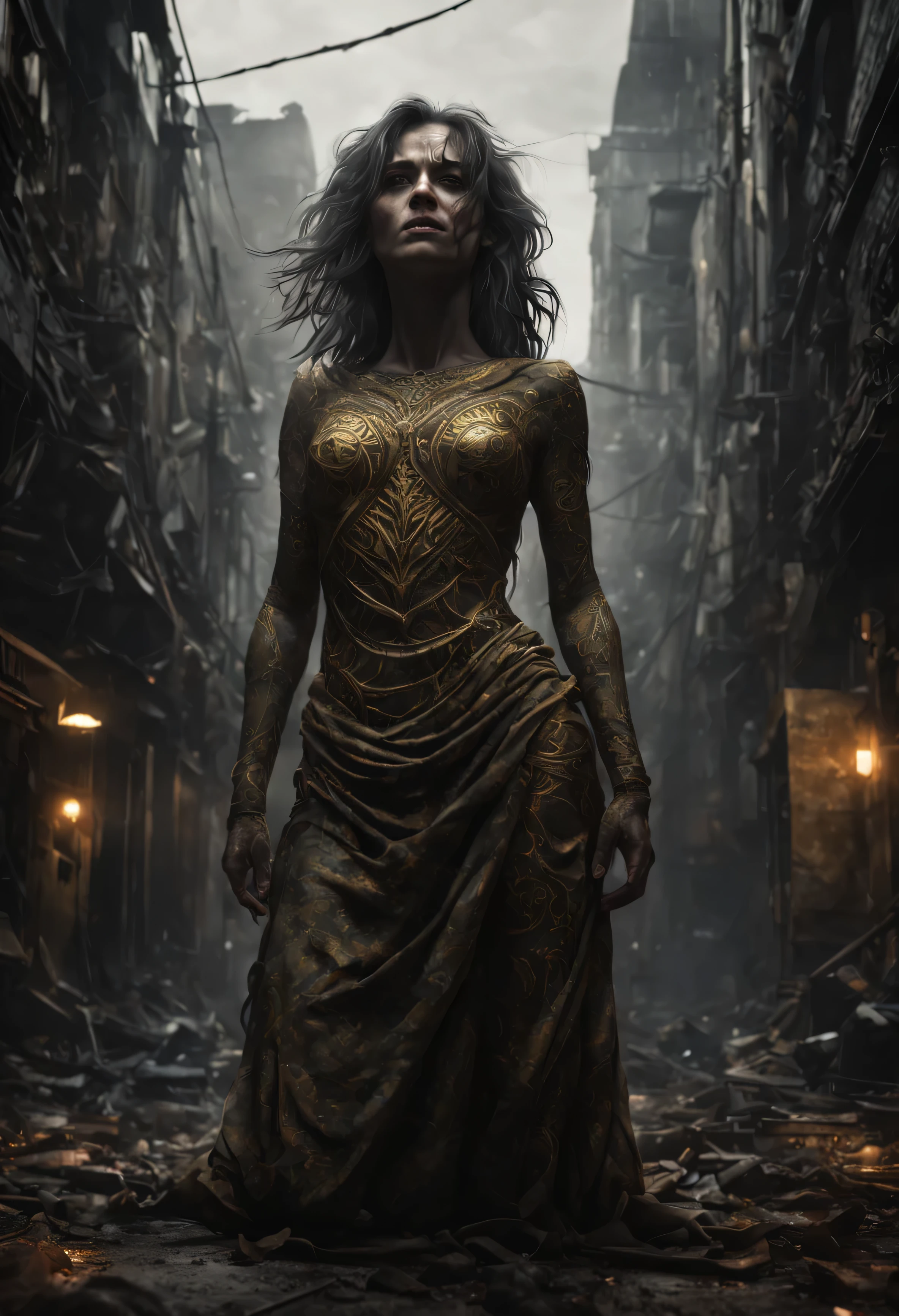 In the style of Chris Mars (a terrified person on the ground curled up protectively on their side:1.4, towering above her are many, thin tall tortured humanoids:3.0, raining ash, gold tones foggy, schizophrenic nightmare, dark, moody, gritty, graphic novel, 8k resolution, Unreal engine 5/digital matte painting, photorealistic, ultra hyper-detailed, intricate, Shot on a Hasselblad medium format camera with a 100mm lens. Unmistakable to a photograph. Cinematic lighting. Very accurate representations and details for the photos 4k, 8k, 16k, full ultra hd, high resolution and cinematic photography --ar 3:2 --v 5 --up-beta --v 5 --Screen Space Reflections --Diffraction Grading --Chromatic Aberration --GB Displacement --Scan Lines --Ambient Occlusion --Anti-Aliasing FKAA --TXAA --RTX --SSAO --OpenGL-Shader’s --Post Processing --Post-Production --Cell Shading --Tone Mapping --CGI --VFX --SFX --insanely detailed and intricate --hyper maximalist --elegant --dynamic pose --photography --volumetric --ultra-detailed --intricate details --super detailed --ambient –uplight