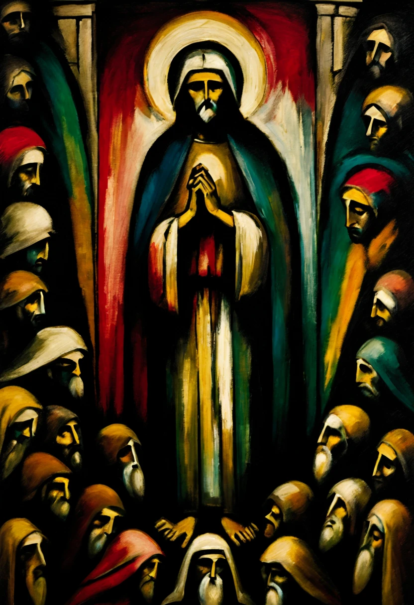In the evocative style of Georges Rouault's religious paintings, envision a poignant illustration immersed in the depths of Gothic aesthetic. Capture the solemnity of spiritual contemplation through a composition imbued with deep, expressive strokes and rich, melancholic hues. Imagine a central figure, perhaps a stoic saint or a contemplative clergyman, their countenance marked by profound emotion and spiritual resonance. Employ Rouault's characteristic use of bold lines and intense colors to emphasize the spiritual intensity of the scene. Surround the central figure with enigmatic symbolism and religious iconography, invoking a sense of divine mystery. Illuminate the composition with a subdued yet emotive palette, conveying the nuanced interplay of light and shadow. Let the artwork resonate with the timeless and contemplative beauty of Rouault's masterful approach to religious art within the Gothic framework.