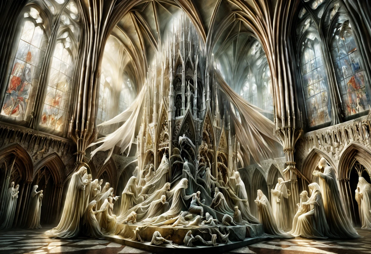 In the spectral embrace of a Gothic cathedral, envisage a hyper-realistic illustration echoing the spirit of Vitale da Bologna, known as Vittoire Carpaccio, a renowned sculptor of the Gothic era. Conjure a scene where intricate stone figures come to life, each detail meticulously carved to evoke the depth of emotion and mystique characteristic of Carpaccio's work. Illuminate the composition with the play of ethereal light and shadows, accentuating the texture of the stone. Capture the essence of Gothic aesthetic by sculpting fantastical creatures and intertwining them with elaborate, ornate patterns inspired by the rich intricacies of Gothic architecture. Let the artwork breathe life into the timeless beauty of Gothic craftsmanship.