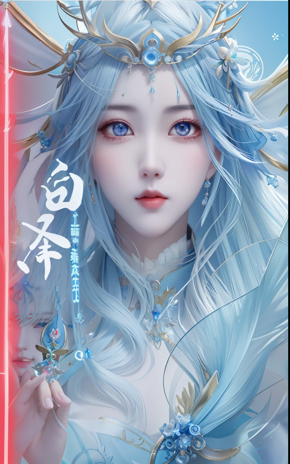 anime girl，blue hair，red frame crown, xianxia fantasy, Hungry Ghost Festival, Queen of the Sea Mu Yanling, beautiful youth spirit, anime cover, Popular topics on cgstation, White-haired God, beautiful fantasy queen, ((beautiful fantasy queen)), Chinese fantasy, author：Yang Jie