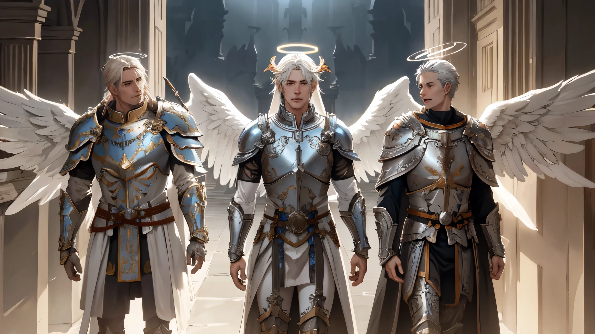 The Horde of Male Celestial Angels Descending from the Sky, crowd, male, many warriors, shiny armor, angel wings, halo, realistic epic, soft cinematic portrait, Adobe Lightroom, Photo Lab, highly detailed, faded, (neutral colors: 1.2), (HDR: 1.4), (soft colors:1.2), hyperdetailed, (Artstation:1.4), cinematic, warm lights, dramatic light, (intricate details:1.1), complex background, (Rutkowski:0.66), (blue and orange:0.4)