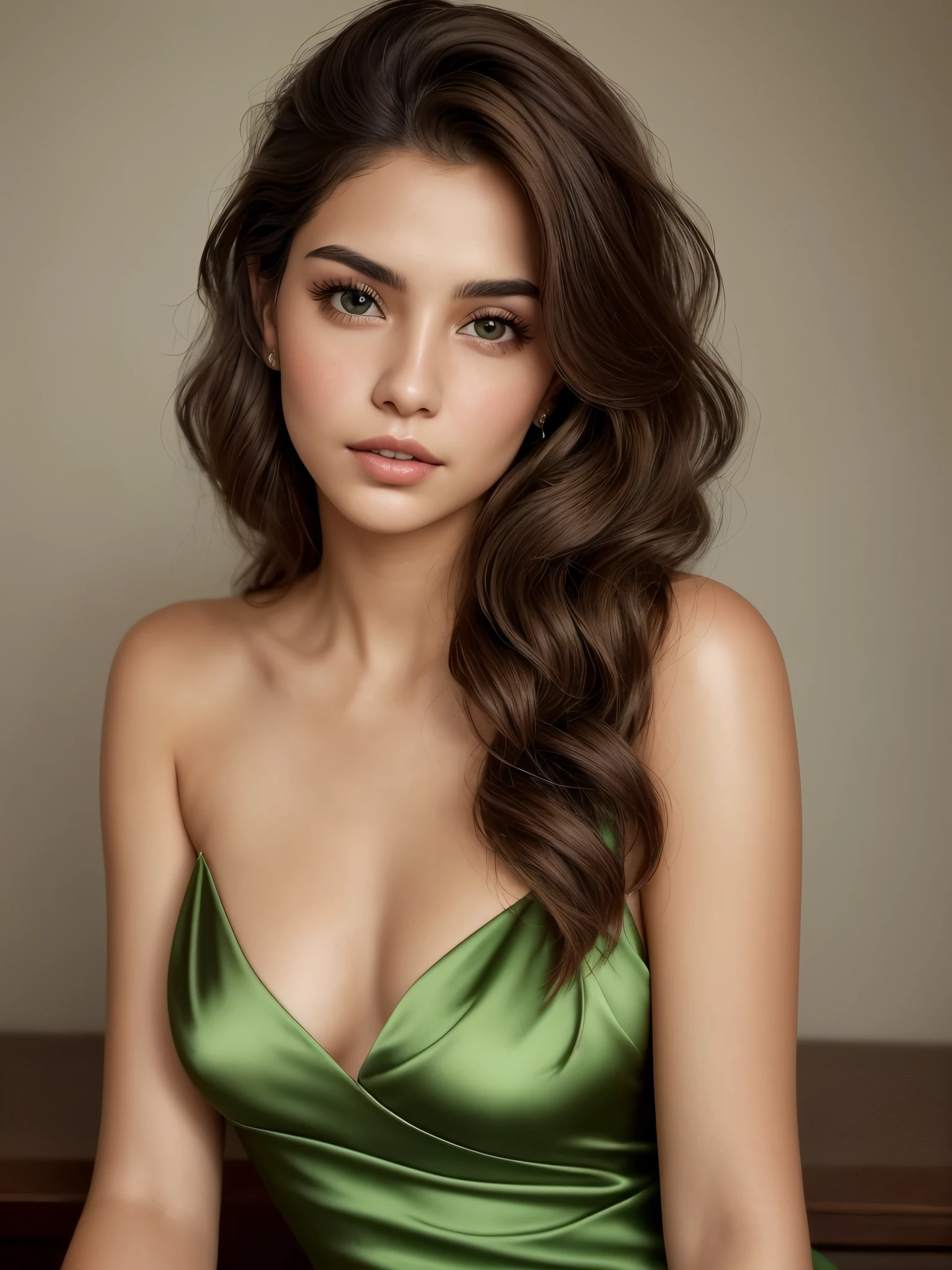 Aesthetic artwork, a 25 year old Mexican woman, natural brown hair, natural brown eyes, random hairstyle, flushed cheeks, full lips, mischievous gaze, pale light skin, green silk short dress, sexy, no smile