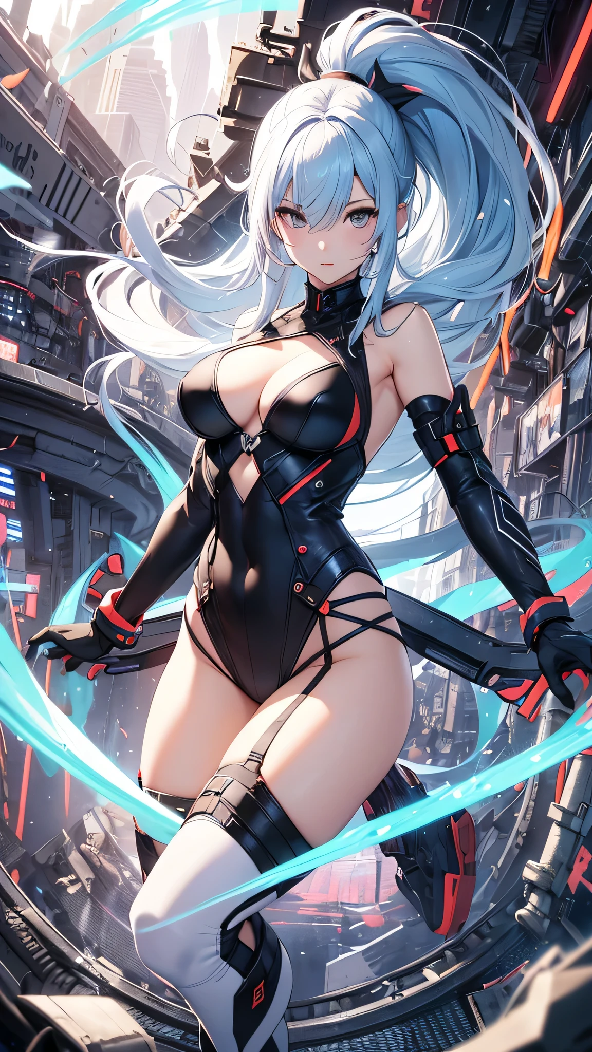 最high quality、best image quality、masterpiece、girl((20-year-old、 By becoming、vest bust、medium bust,wide open breast tea、shining eyes, light blue hair、long hair、thin,highest valley、ponytail、action of looking up、full body bandage、Black and white suit、backwards、emphasize the buttocks)),high quality、beautiful art、background((Near future、Machine area、energy field))、Flight、debris flies、Depth of written boundary、movie、visual art、perfect art、8k,genuine、