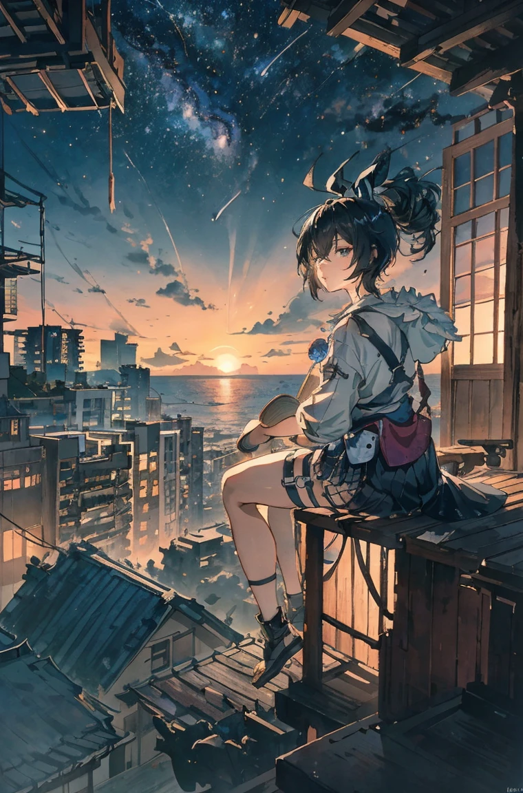 scenery, morning, Hawaii,Ocean, looking from the top of the building, 1 girl,black hair,short hair,Ahoge, alone, outdoors, building, cloud, milky way, sitting, wood, long hair, city, silhouette, 