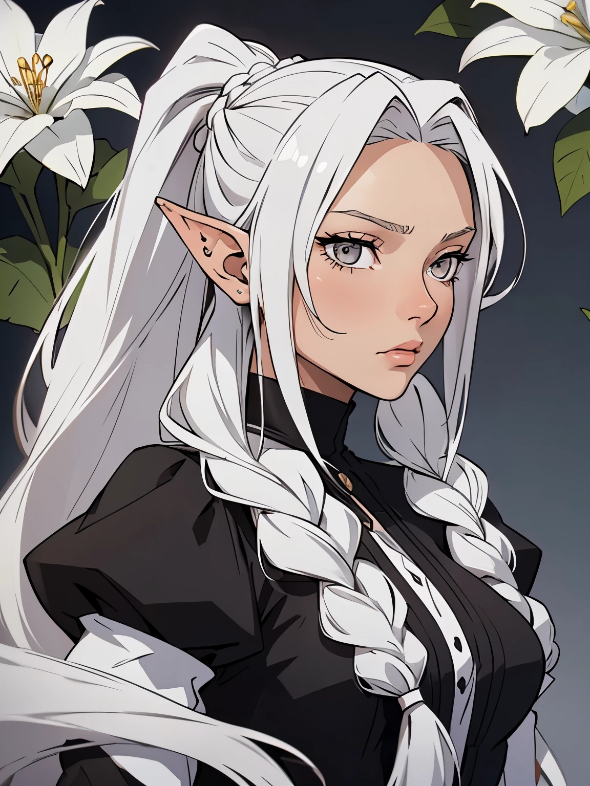 Millicent is a 21 year old young girl, tall and fit physique. She has fair skin and gray eyes with small pupils. Long wavy white hair braided into a high ponytail with many small braids. Has long pointed ears. Described as an incredibly beautiful girl. Prefers to wear black clothes, gray and white flowers