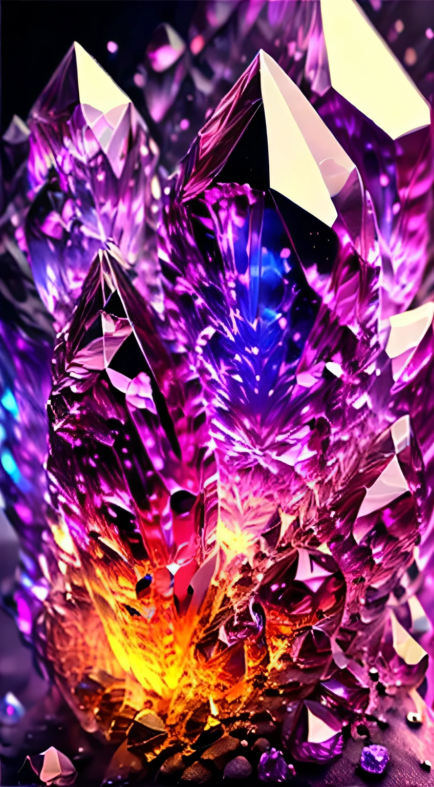 Brilliant crystals, dark background, particles, bright vivid lights, no people, no humans, big and small patterns, rose