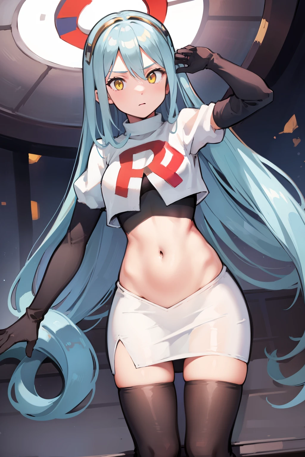 def_azura, yellow eyes ,1girl,team rocket,team rocket uniform, red letter R, white skirt,white crop top,black thigh-highs ,black elbow gloves,