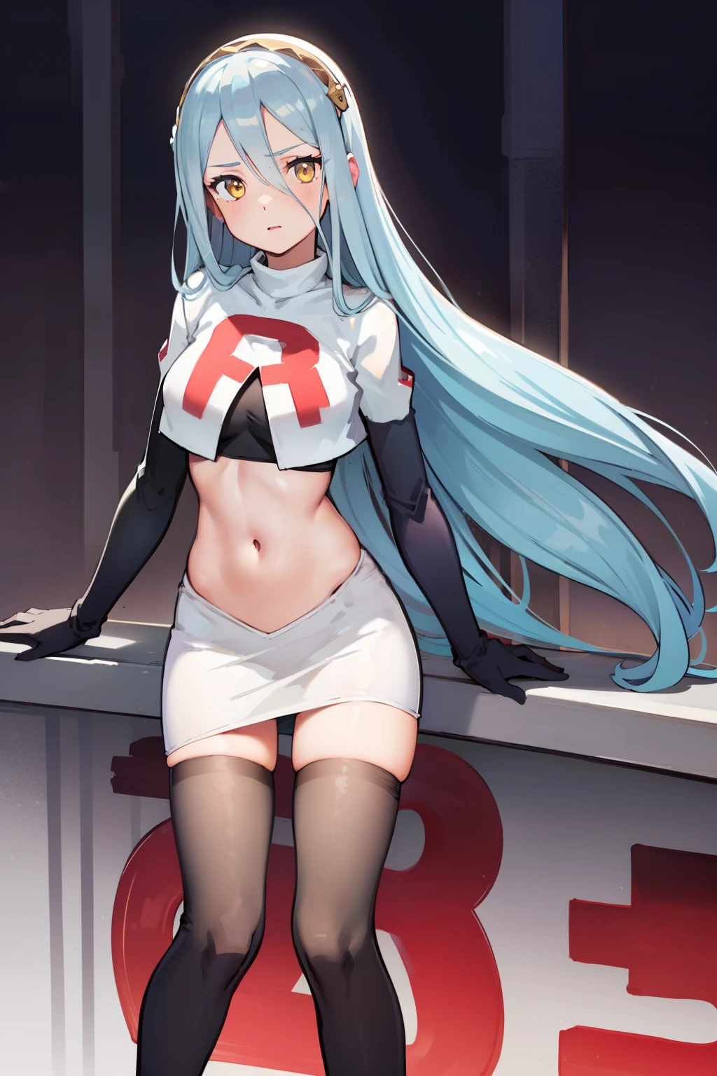 def_azura, yellow eyes ,1girl,team rocket,team rocket uniform, red letter R, white skirt,white crop top,black thigh-highs ,black elbow gloves,