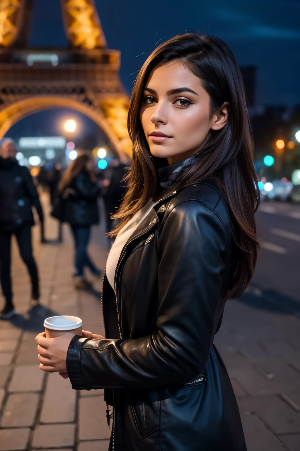 femme pleinement , brune, ultra realist, regarde la camera, Meticulously detailed, cheveux bruns, selfie of a young woman, maquillage naturel, Superbe corps complet, dans la rue, la nuit, costume, exterieur, veste costume, TERASSE of a coffee, le soir, at the Eiffel Tower,